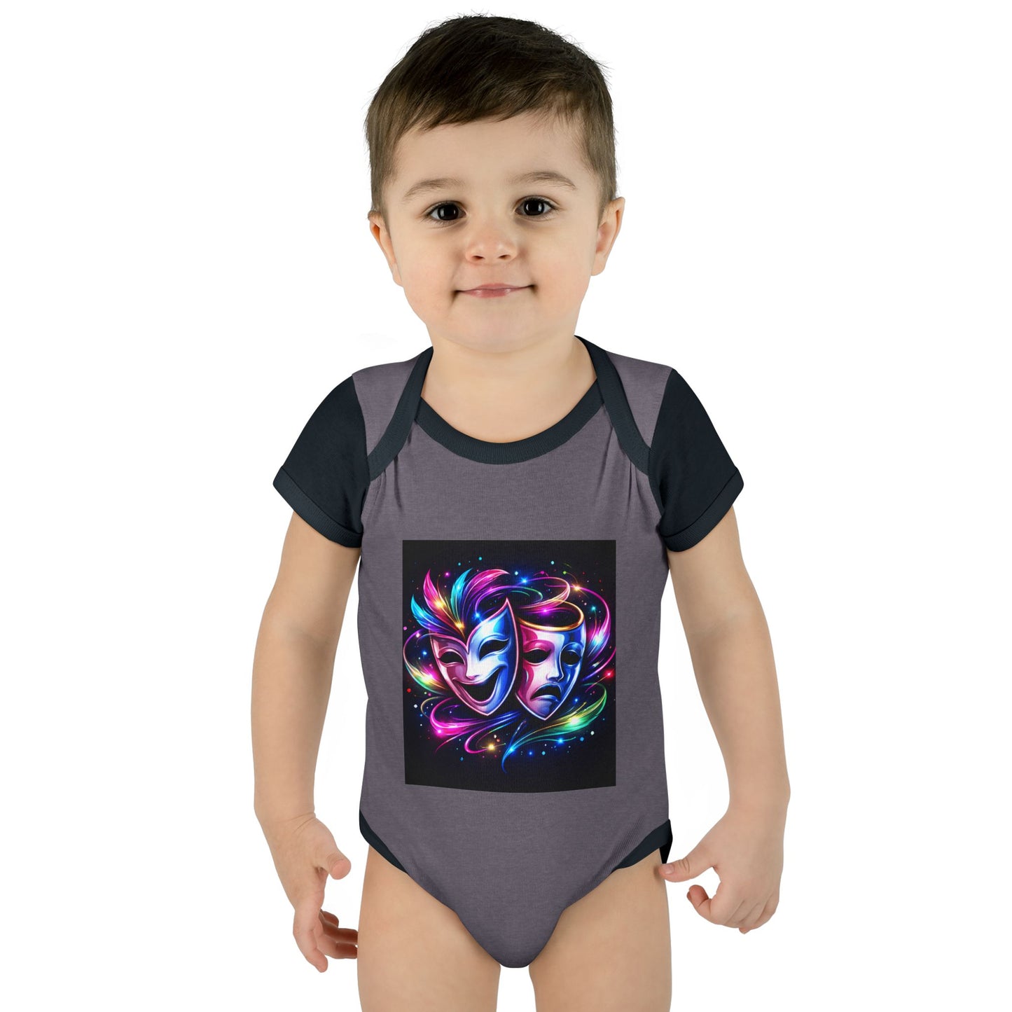 Neon Theatre Masks Infant Bodysuit — Colorful Drama Baby Onesie