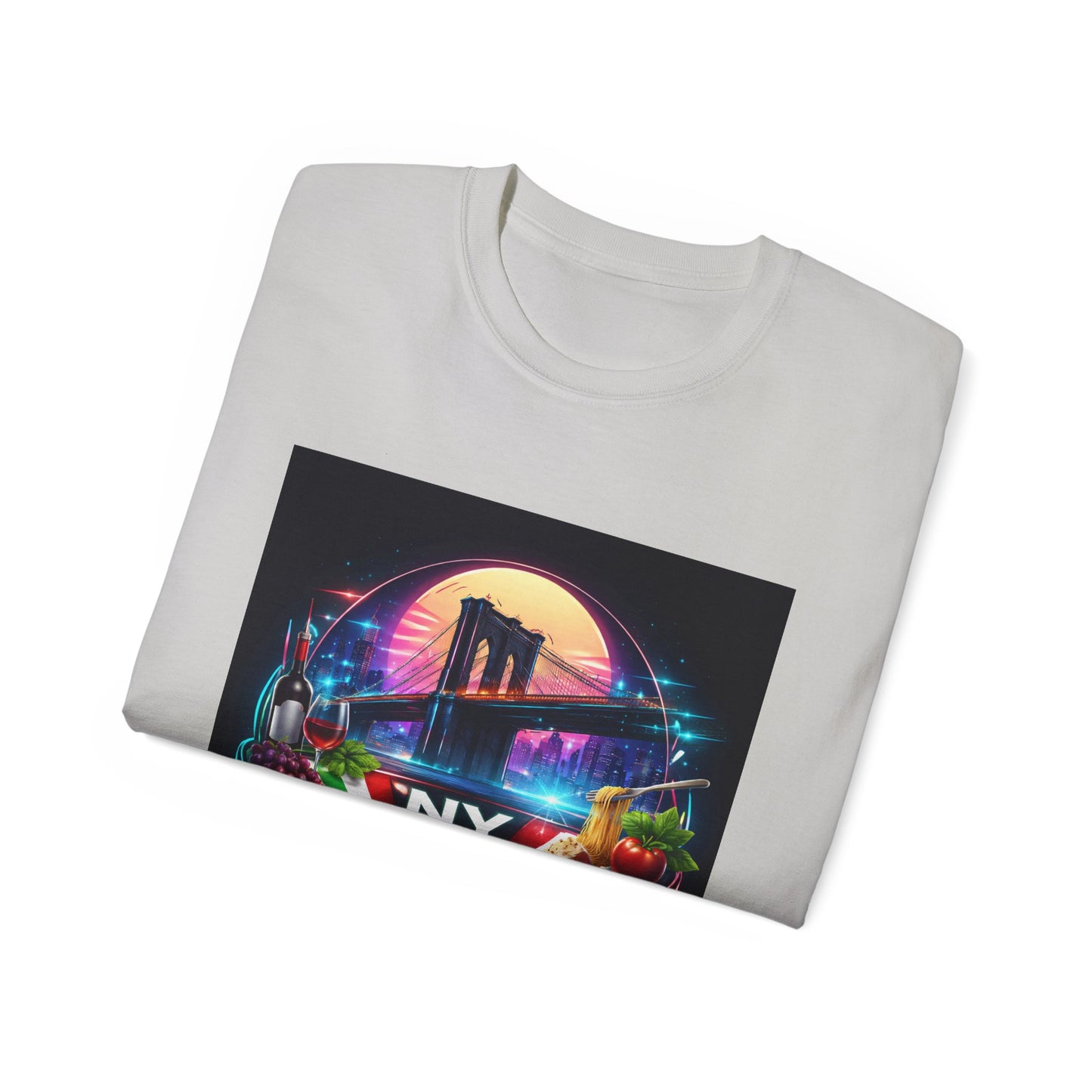 NY Italian Culture T‑Shirt — Retro Neon Brooklyn Bridge Graphic
