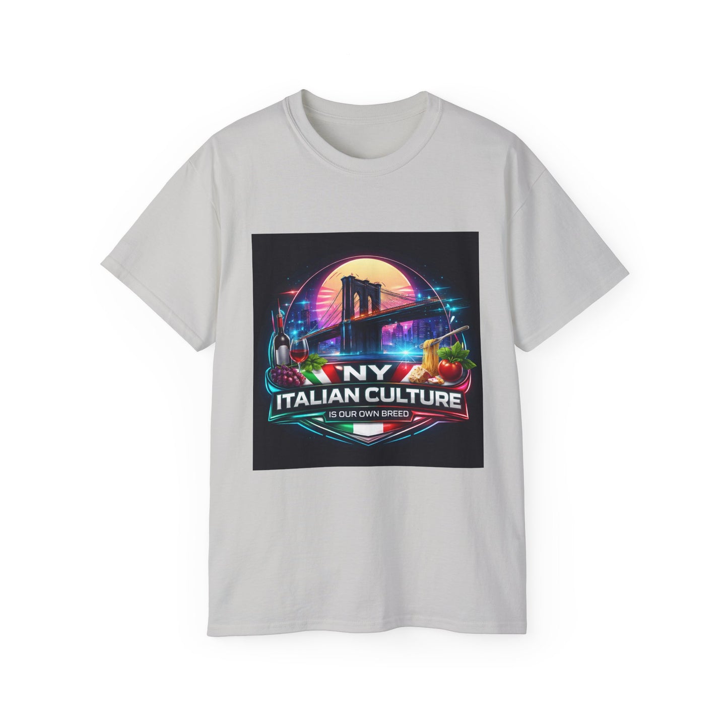 NY Italian Culture T‑Shirt — Retro Neon Brooklyn Bridge Graphic