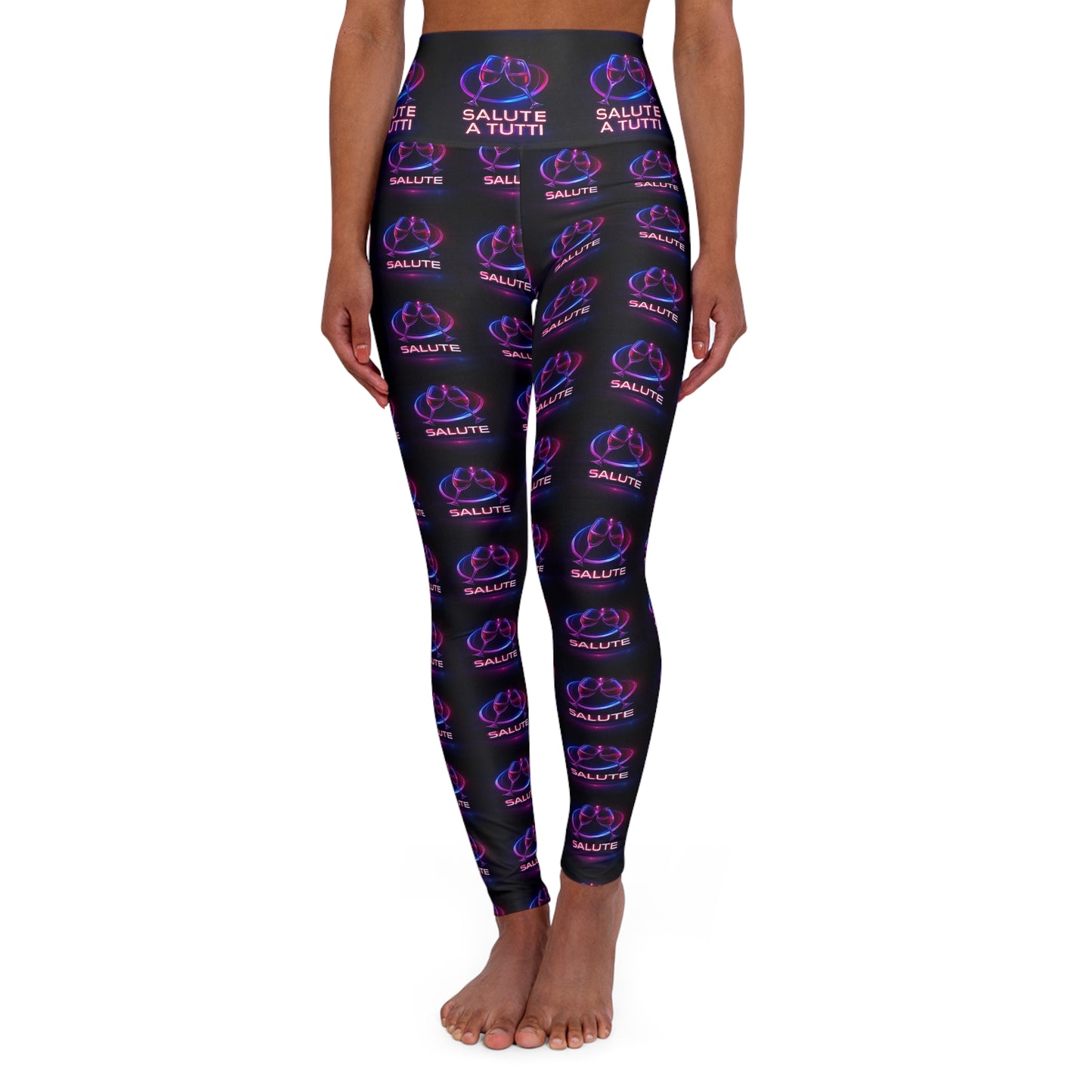High-Waist Yoga Leggings — Neon ‘Salute a Tutti’ All-Over Print