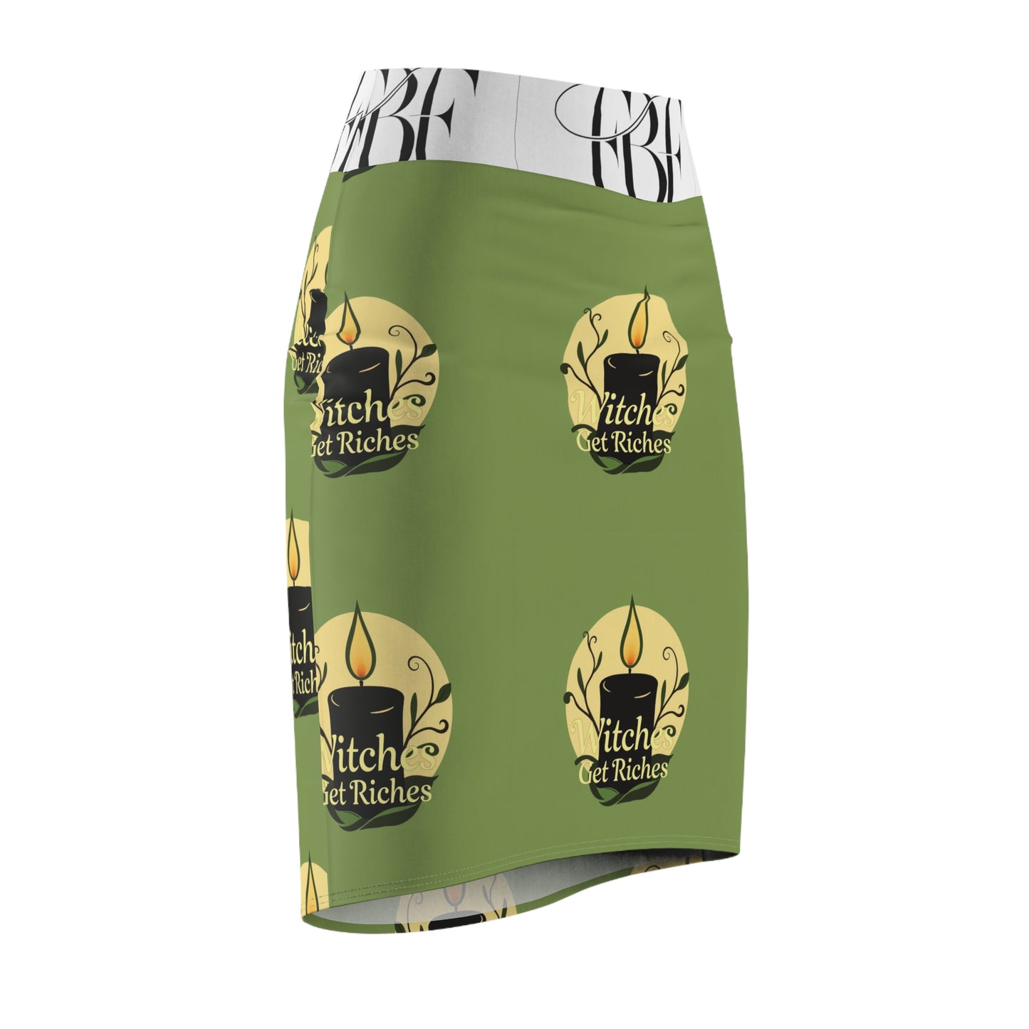 Women's Witch Get Riches Pencil Skirt, AOP Green Skirt, Boho Fashion, Gift for Her, Casual Outfit, Occult Apparel