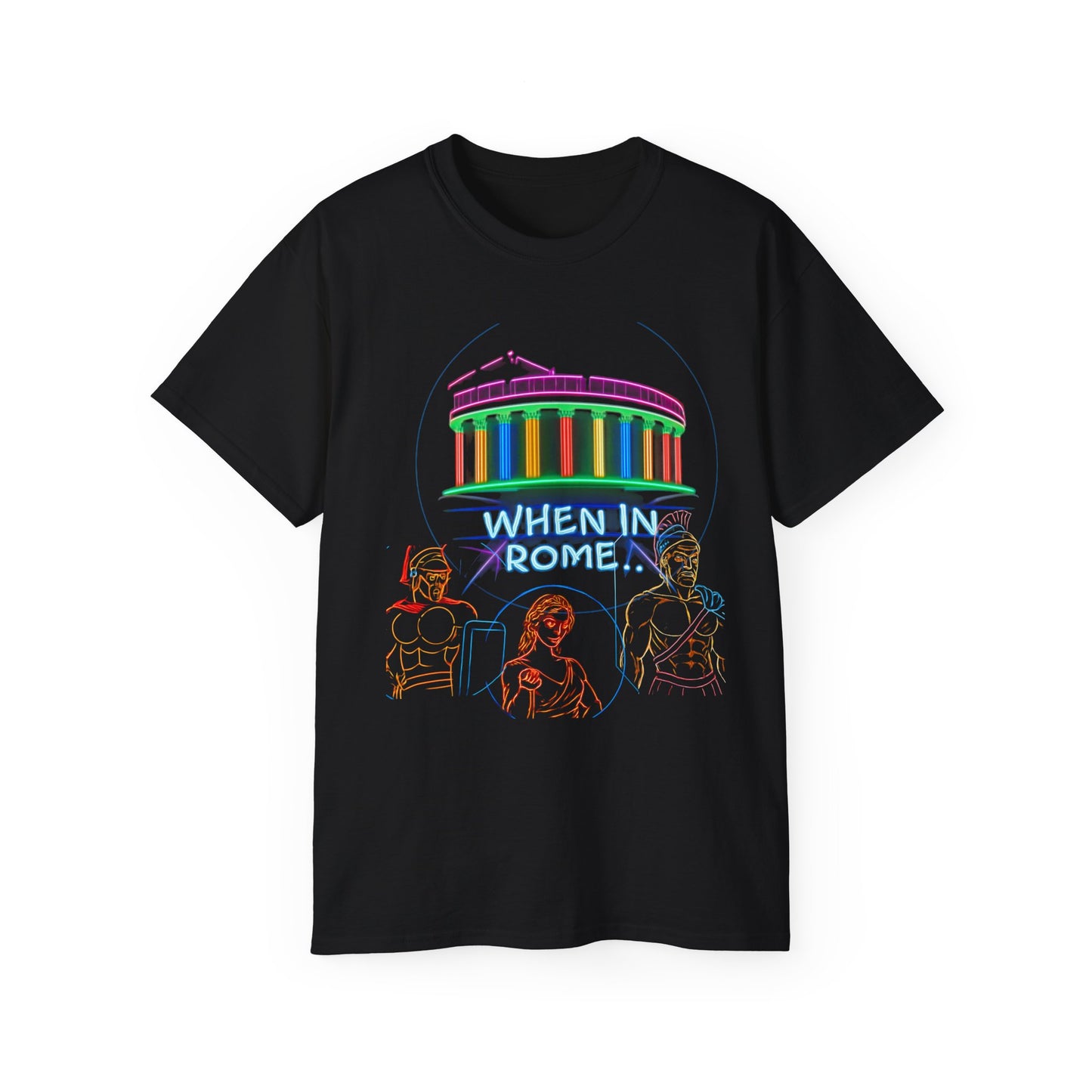 When in Rome Neon Graphic Tee - Roman Gladiator & Colosseum Vintage Style