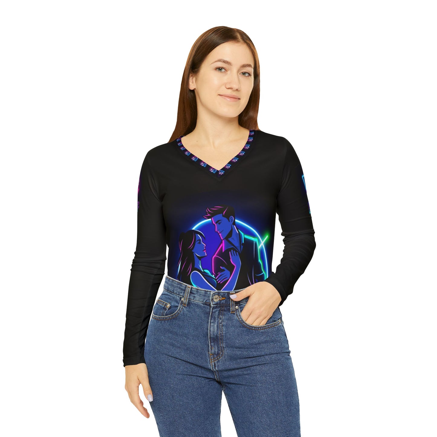 Cosmic Love Long Sleeve V-Neck Shirt - Retro Style Graphic Tee, Women's Fashion, Gift for Her, Halloween Outfit, Everyday Wear