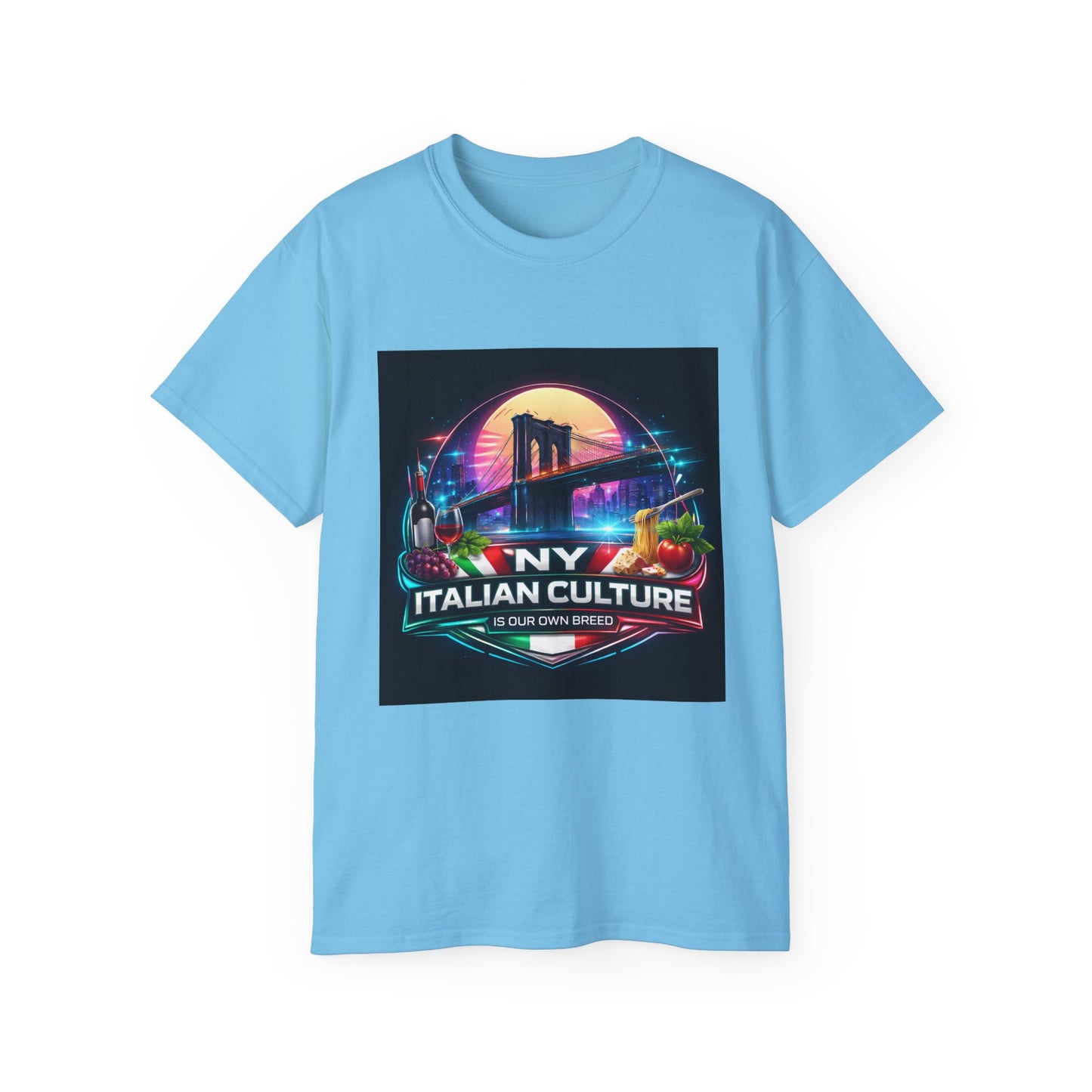 NY Italian Culture T‑Shirt — Retro Neon Brooklyn Bridge Graphic