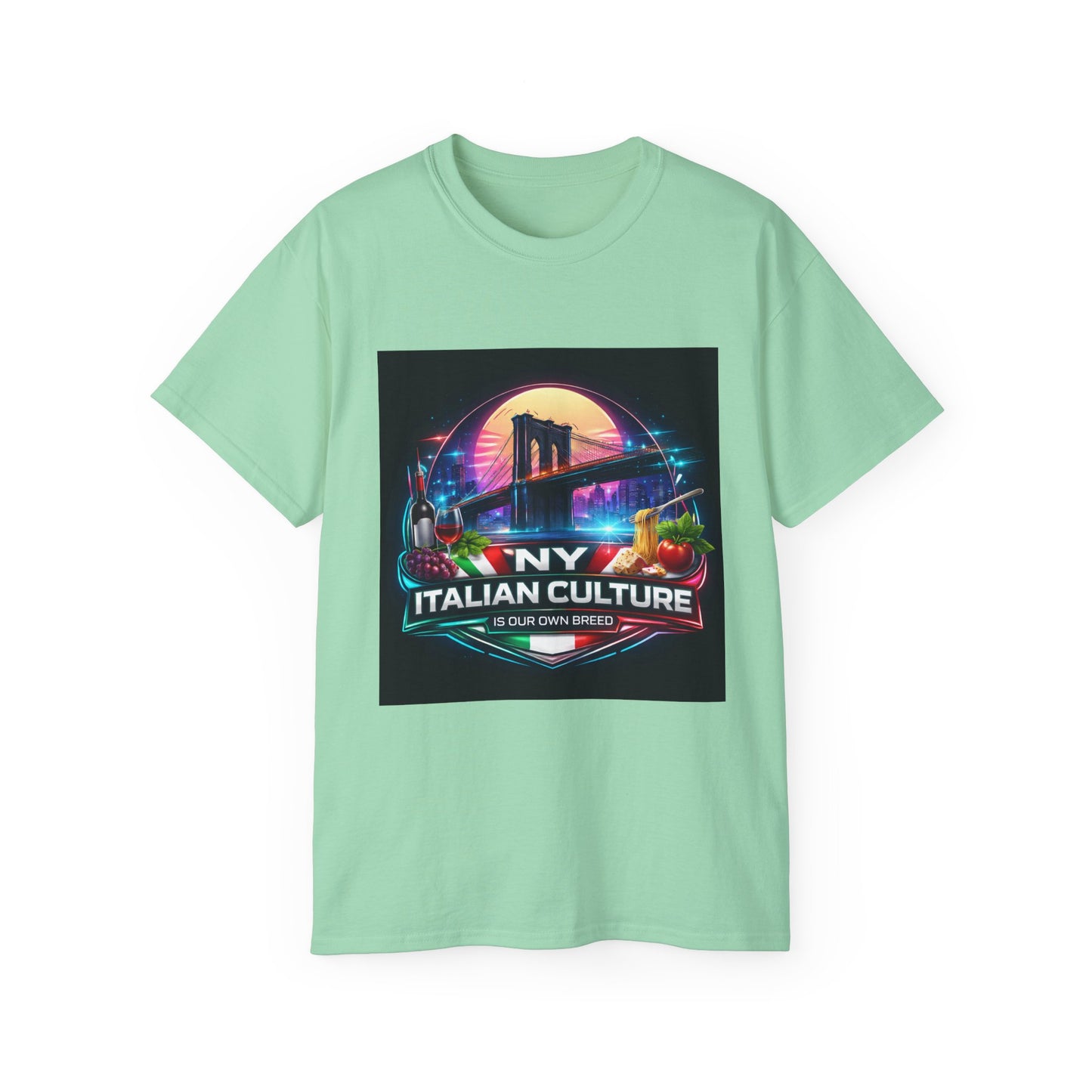 NY Italian Culture T‑Shirt — Retro Neon Brooklyn Bridge Graphic