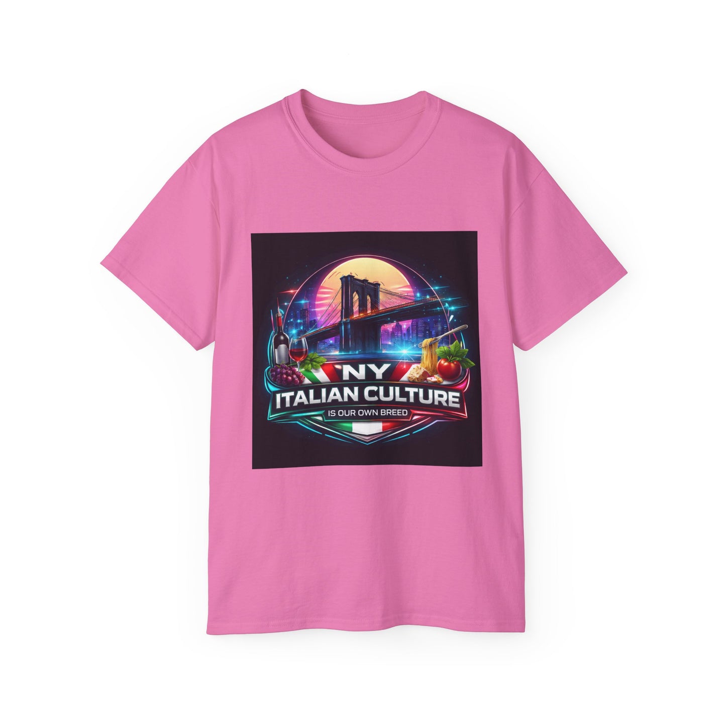 NY Italian Culture T‑Shirt — Retro Neon Brooklyn Bridge Graphic