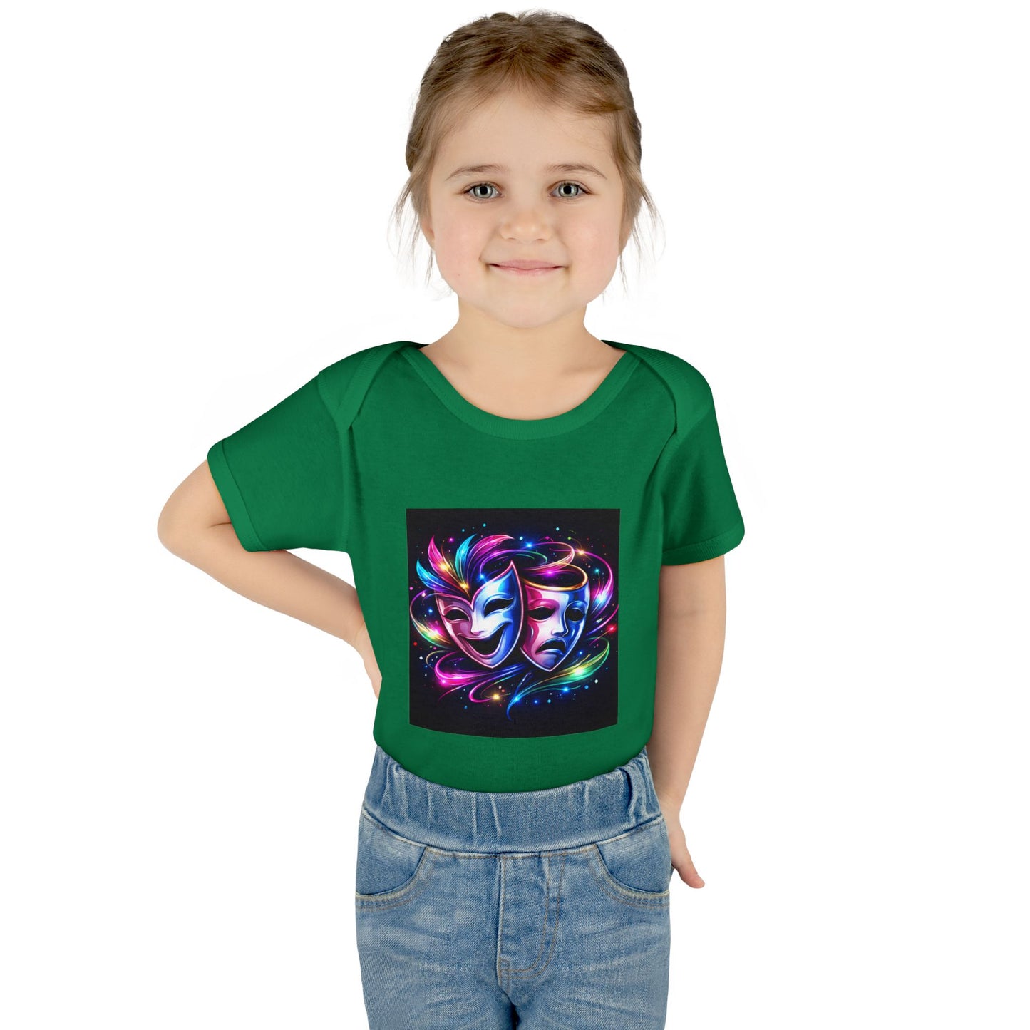 Neon Theatre Masks Infant Bodysuit — Colorful Drama Baby Onesie