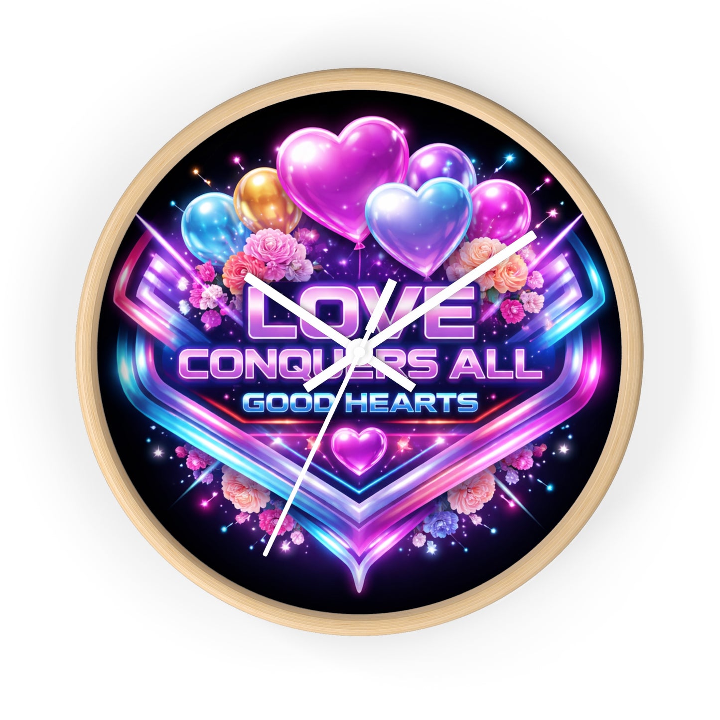 Love Conquers All Wall Clock — Neon Heart Floral Retro Decor