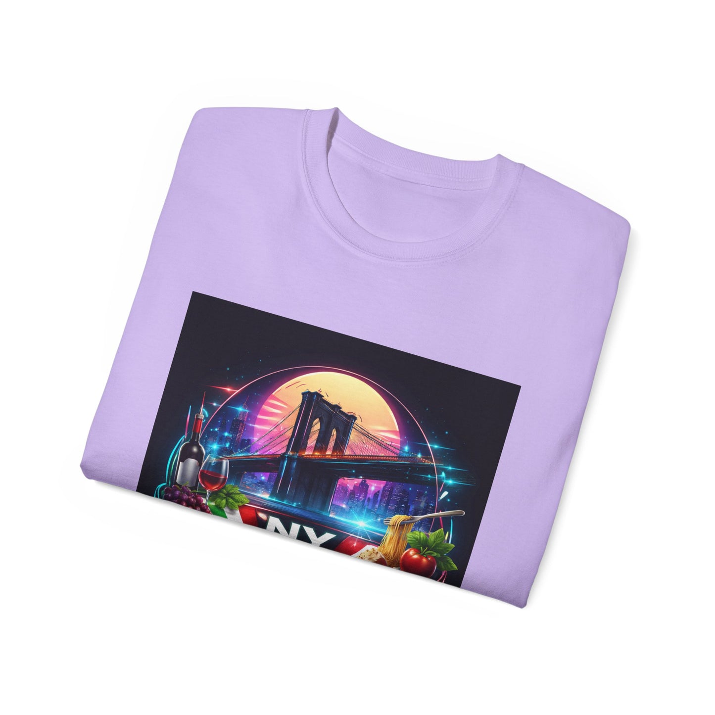 NY Italian Culture T‑Shirt — Retro Neon Brooklyn Bridge Graphic