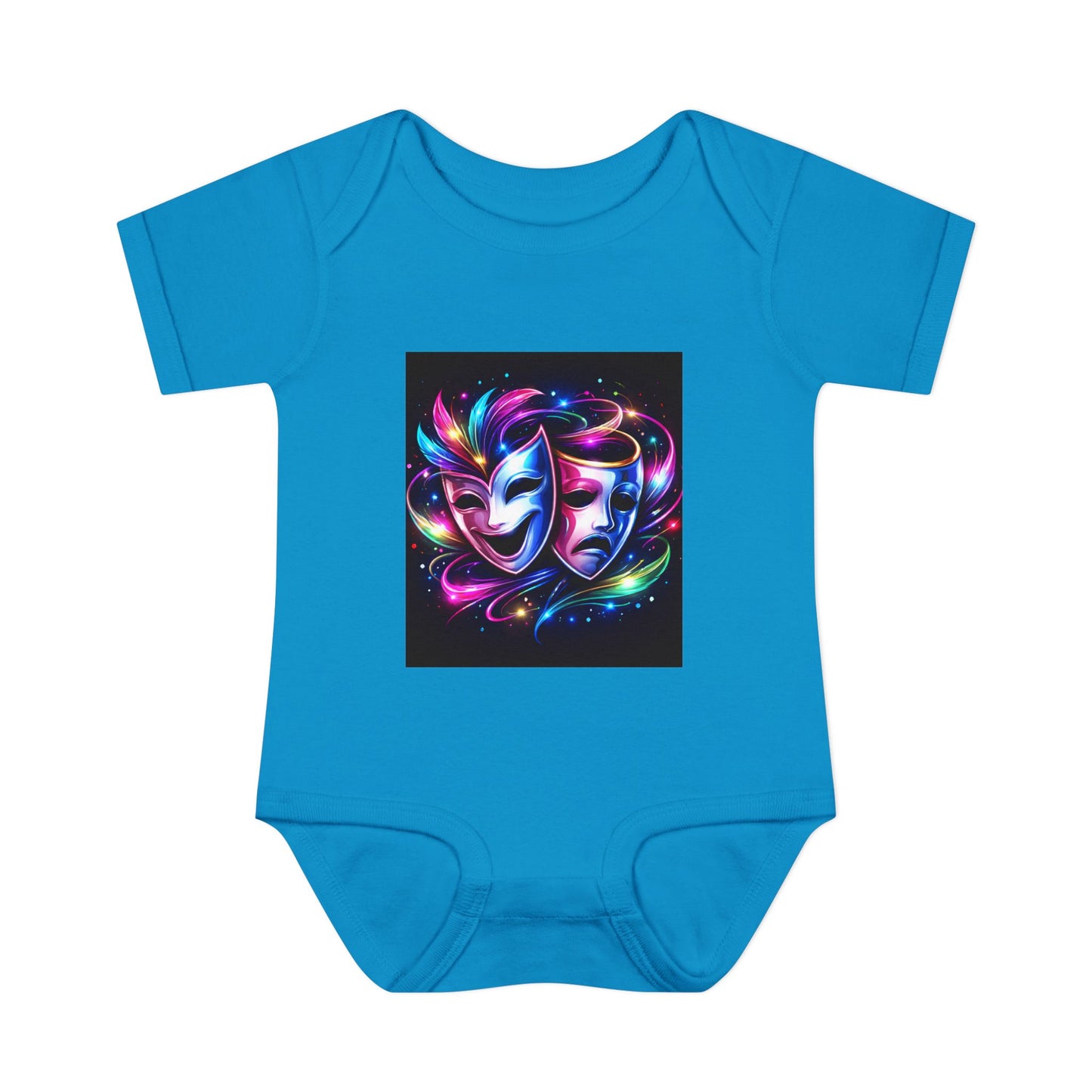 Neon Theatre Masks Infant Bodysuit — Colorful Drama Baby Onesie