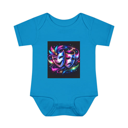 Neon Theatre Masks Infant Bodysuit — Colorful Drama Baby Onesie