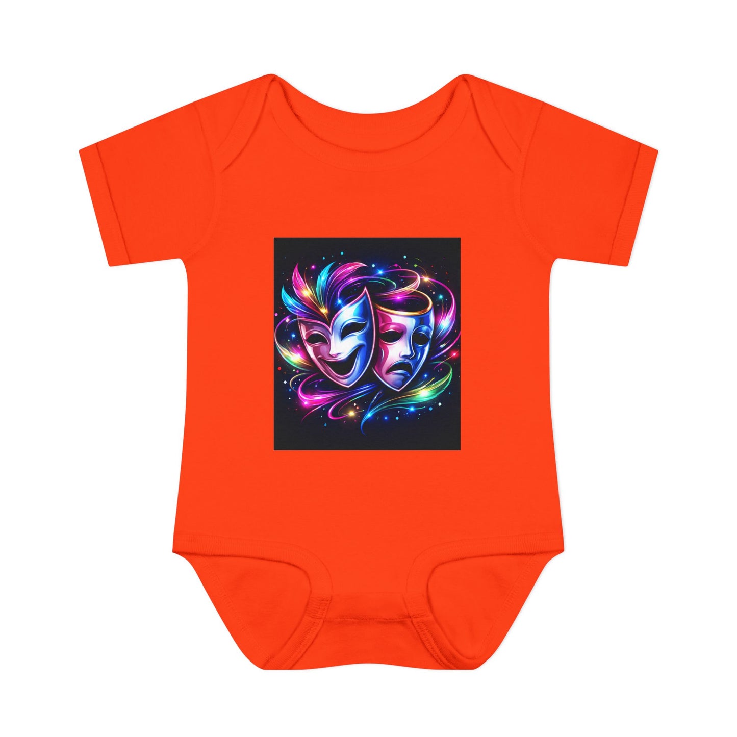 Neon Theatre Masks Infant Bodysuit — Colorful Drama Baby Onesie