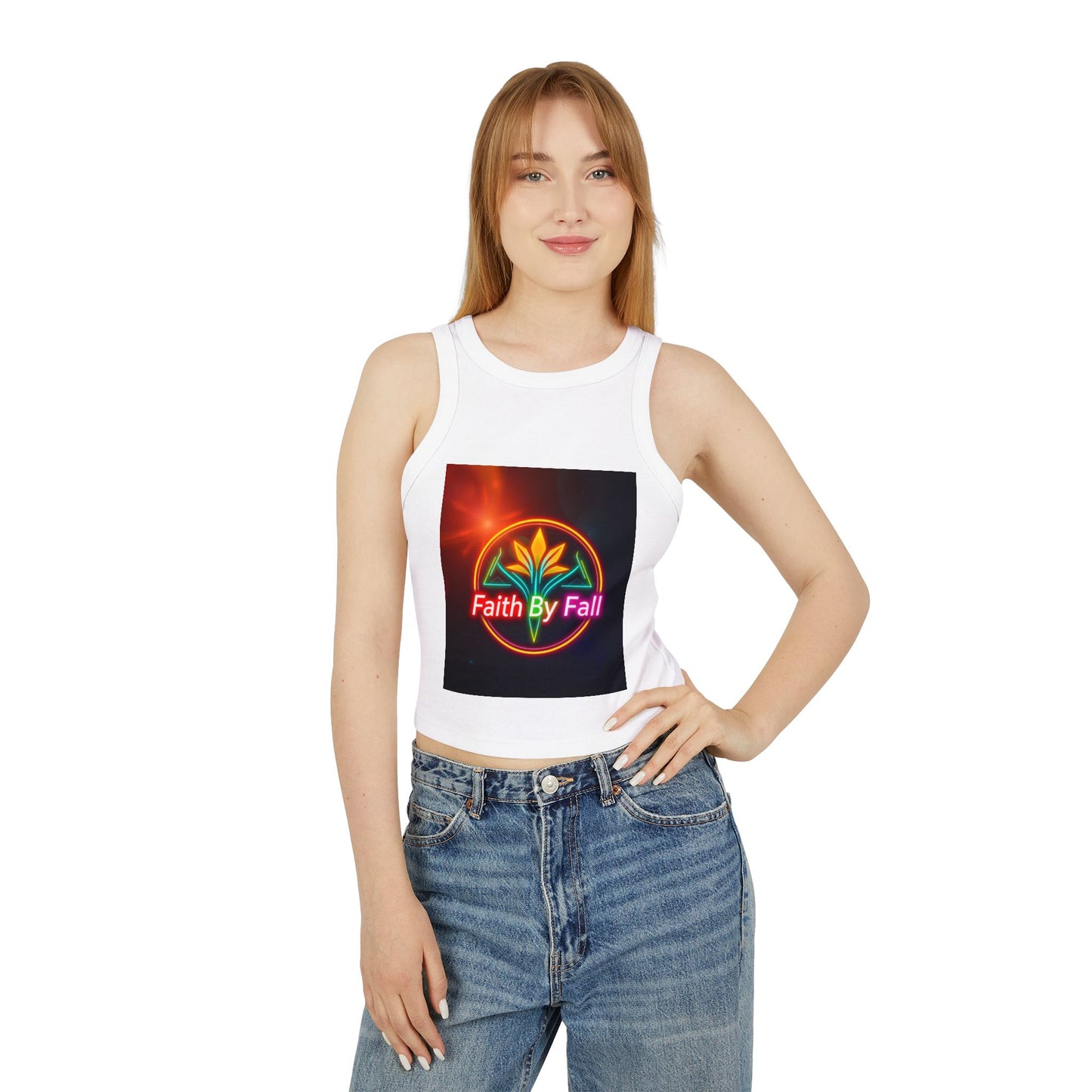 Women's Faith By Fall Racer Tank Top | Crop Top for Summer, Casual Wear, Festival Fashion, Gift for Her, Inspirational Apparel