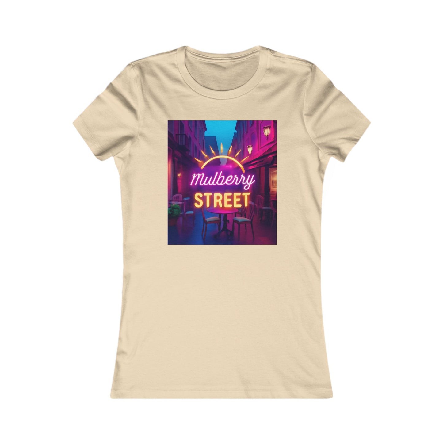 Mulberry Street Women's Tee — Retro Neon Café Graphic Shirt