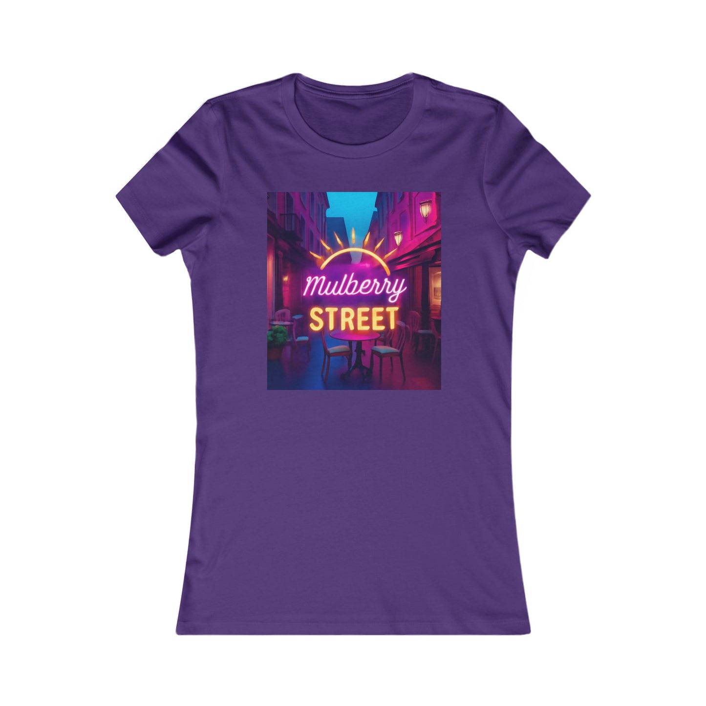 Mulberry Street Women's Tee — Retro Neon Café Graphic Shirt