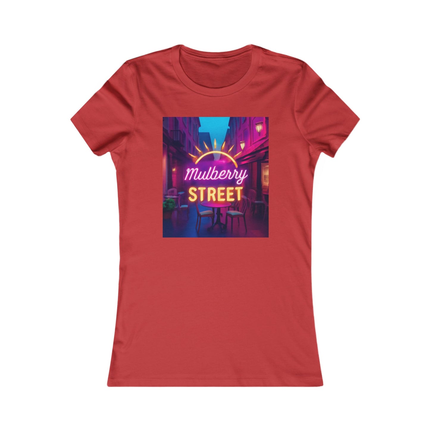 Mulberry Street Women's Tee — Retro Neon Café Graphic Shirt