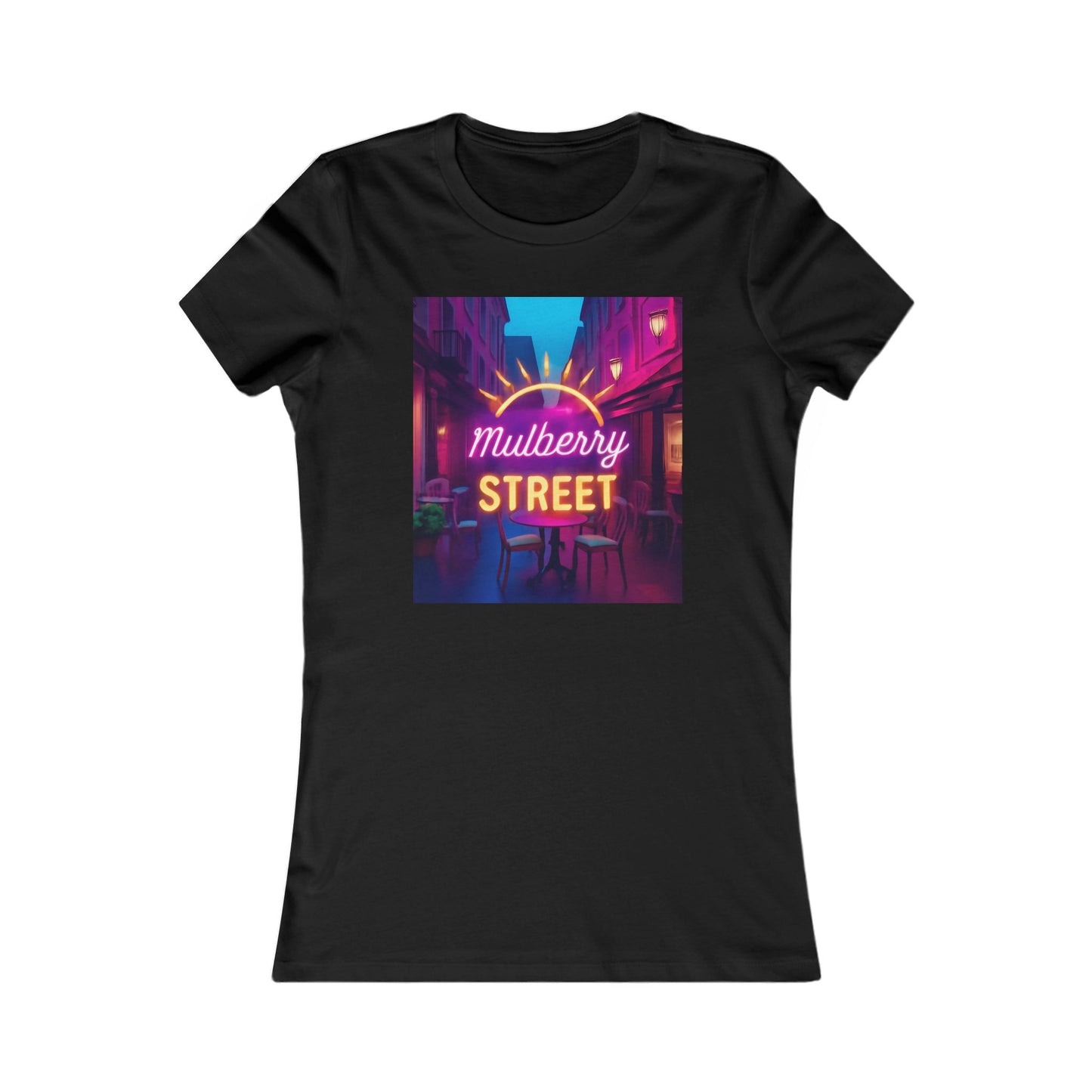 Mulberry Street Women's Tee — Retro Neon Café Graphic Shirt