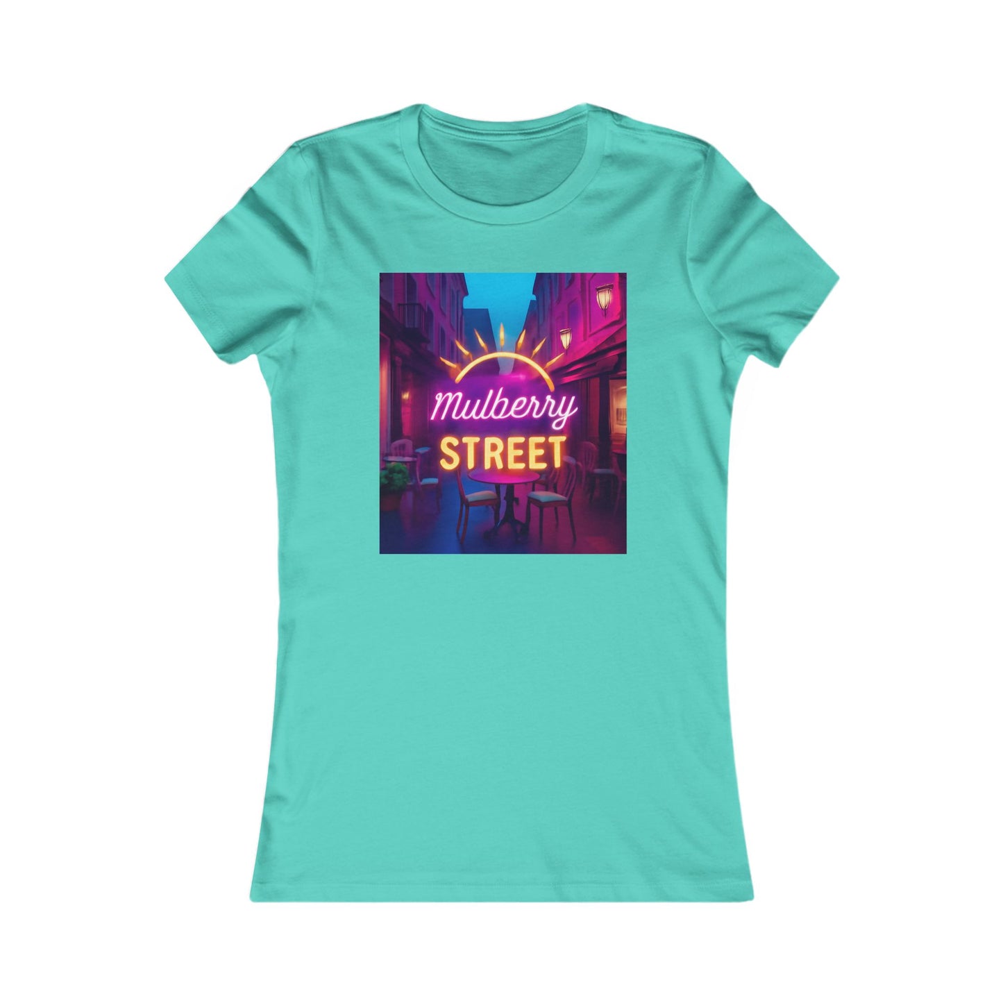 Mulberry Street Women's Tee — Retro Neon Café Graphic Shirt