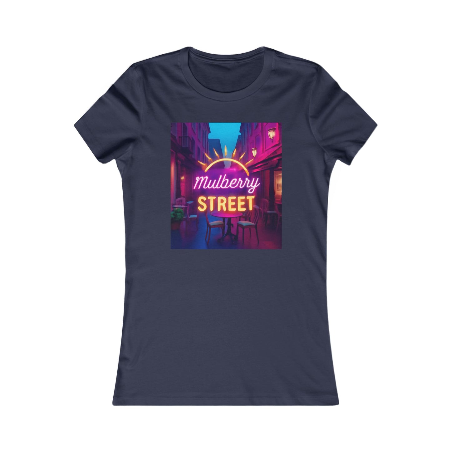 Mulberry Street Women's Tee — Retro Neon Café Graphic Shirt