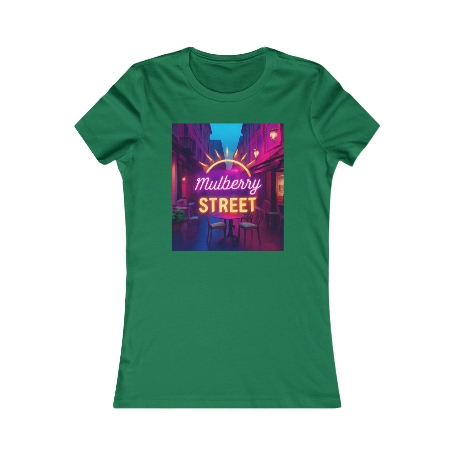 Mulberry Street Women's Tee — Retro Neon Café Graphic Shirt