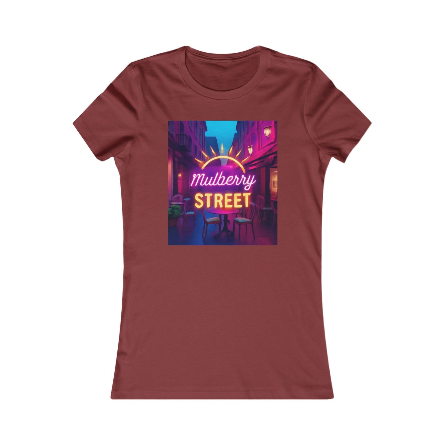 Mulberry Street Women's Tee — Retro Neon Café Graphic Shirt