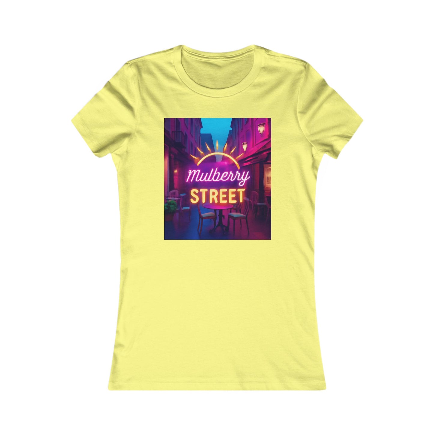 Mulberry Street Women's Tee — Retro Neon Café Graphic Shirt