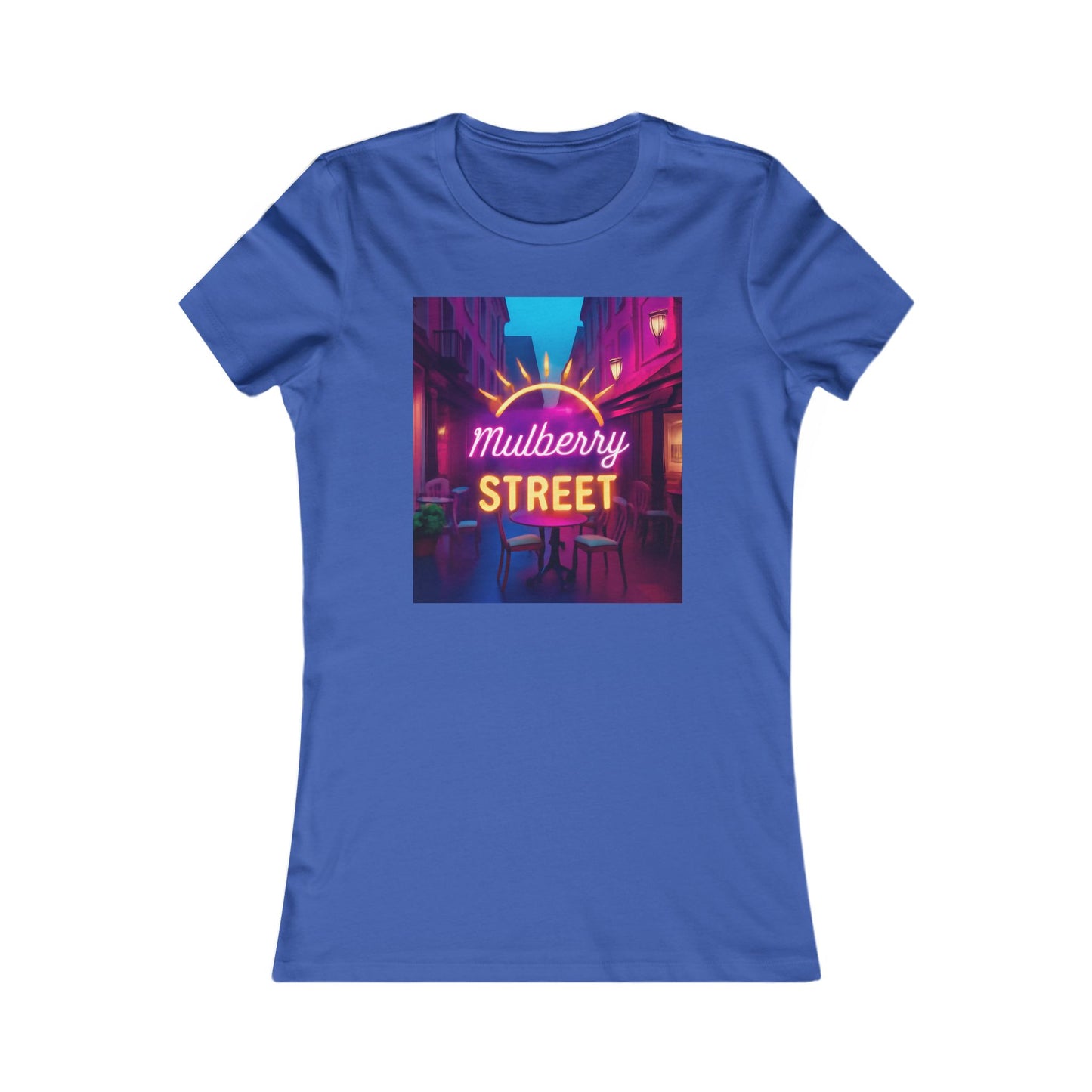 Mulberry Street Women's Tee — Retro Neon Café Graphic Shirt