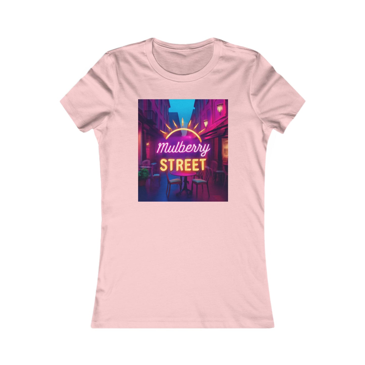 Mulberry Street Women's Tee — Retro Neon Café Graphic Shirt