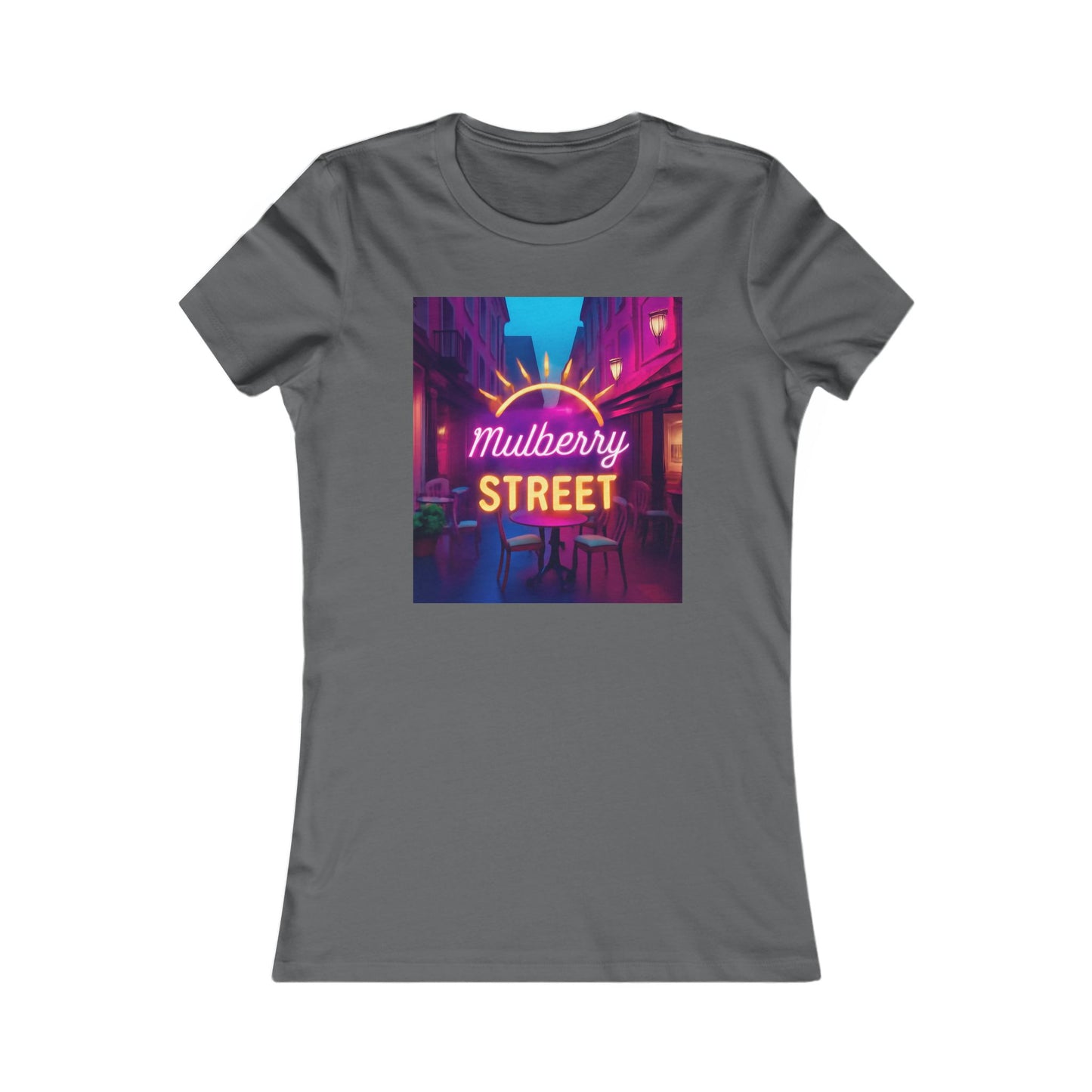 Mulberry Street Women's Tee — Retro Neon Café Graphic Shirt