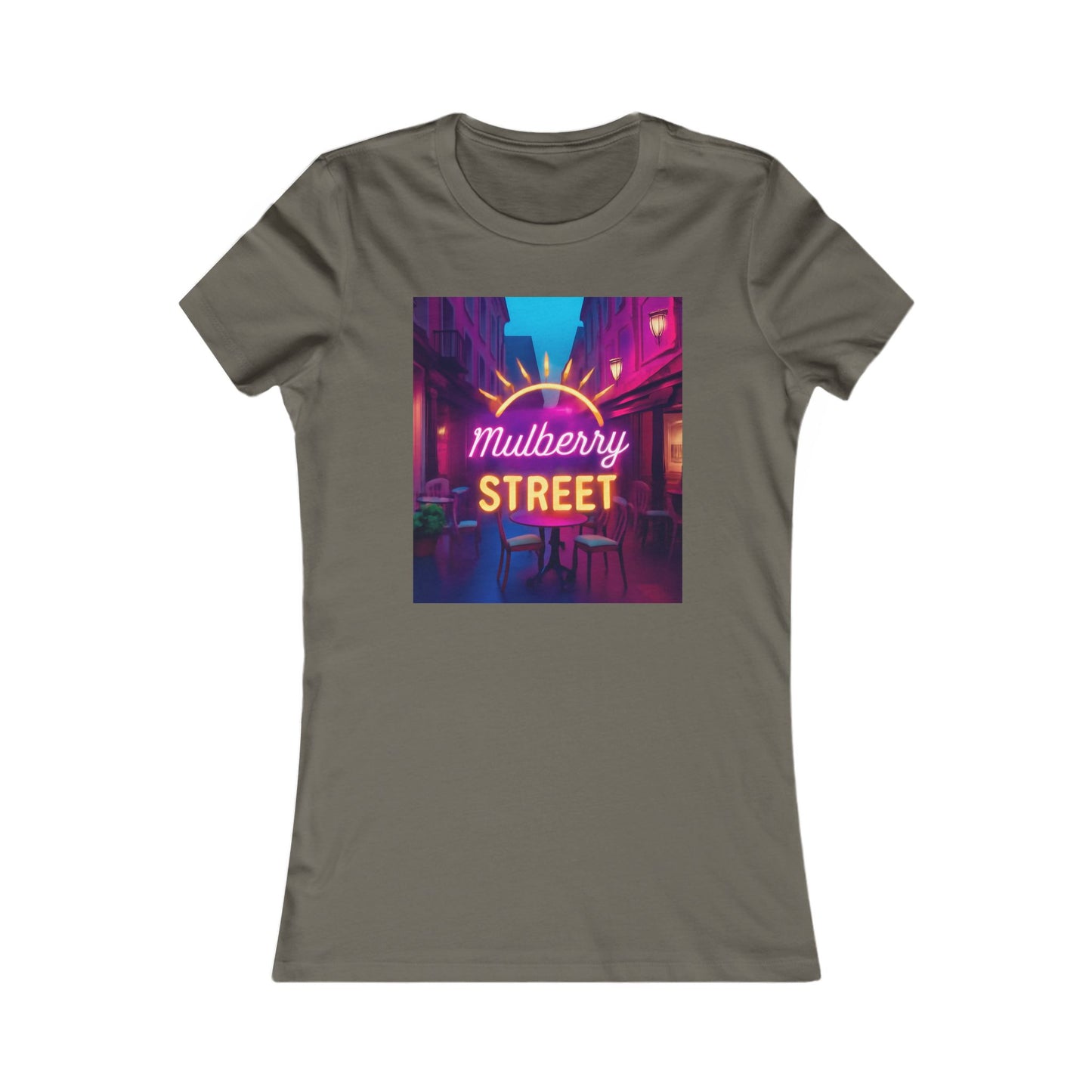 Mulberry Street Women's Tee — Retro Neon Café Graphic Shirt