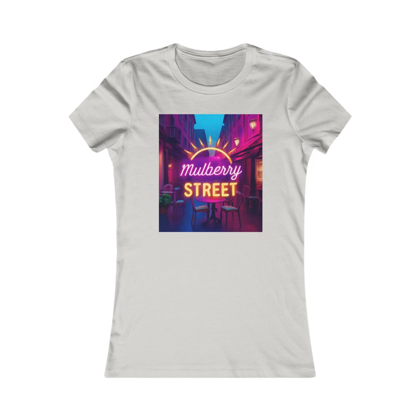 Mulberry Street Women's Tee — Retro Neon Café Graphic Shirt