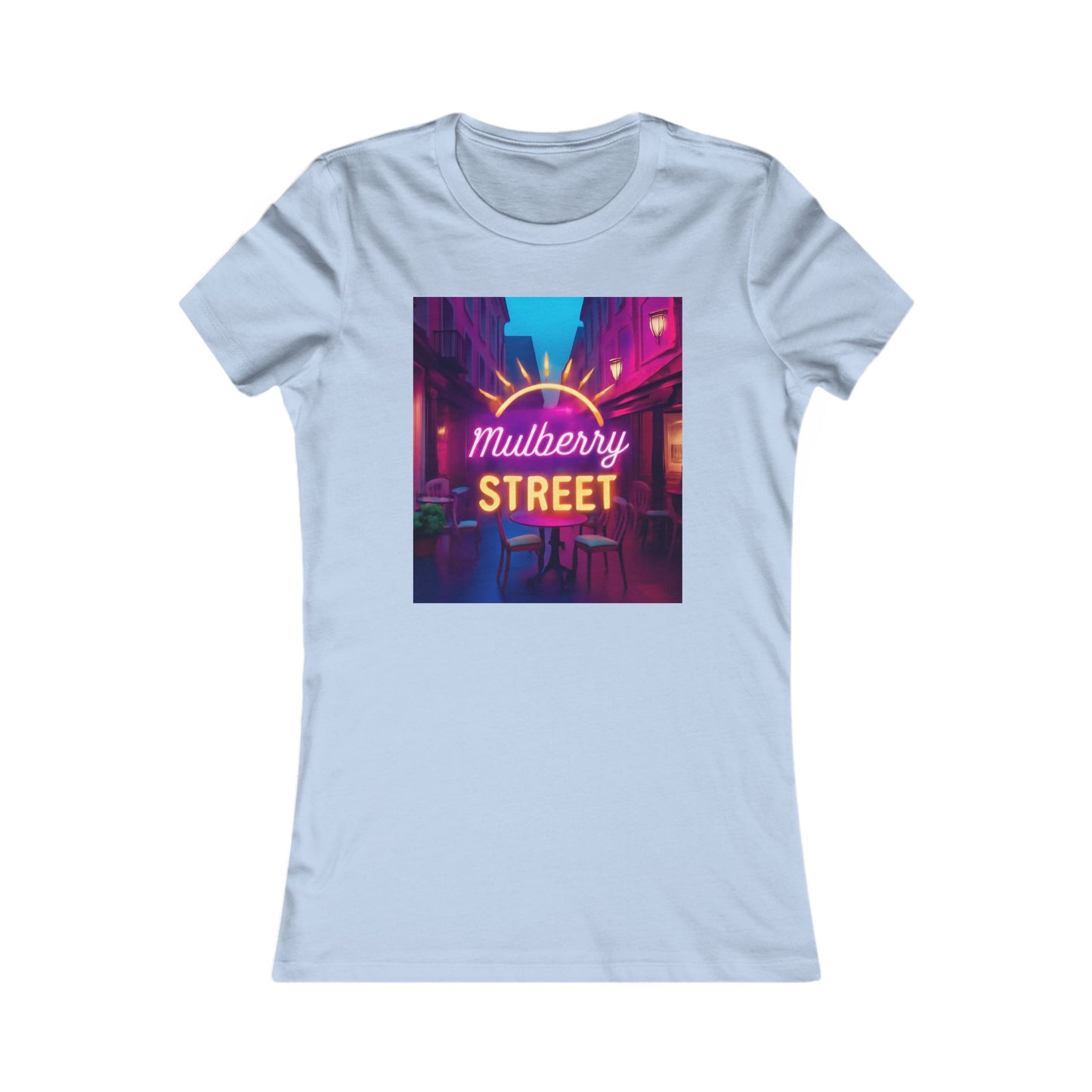 Mulberry Street Women's Tee — Retro Neon Café Graphic Shirt