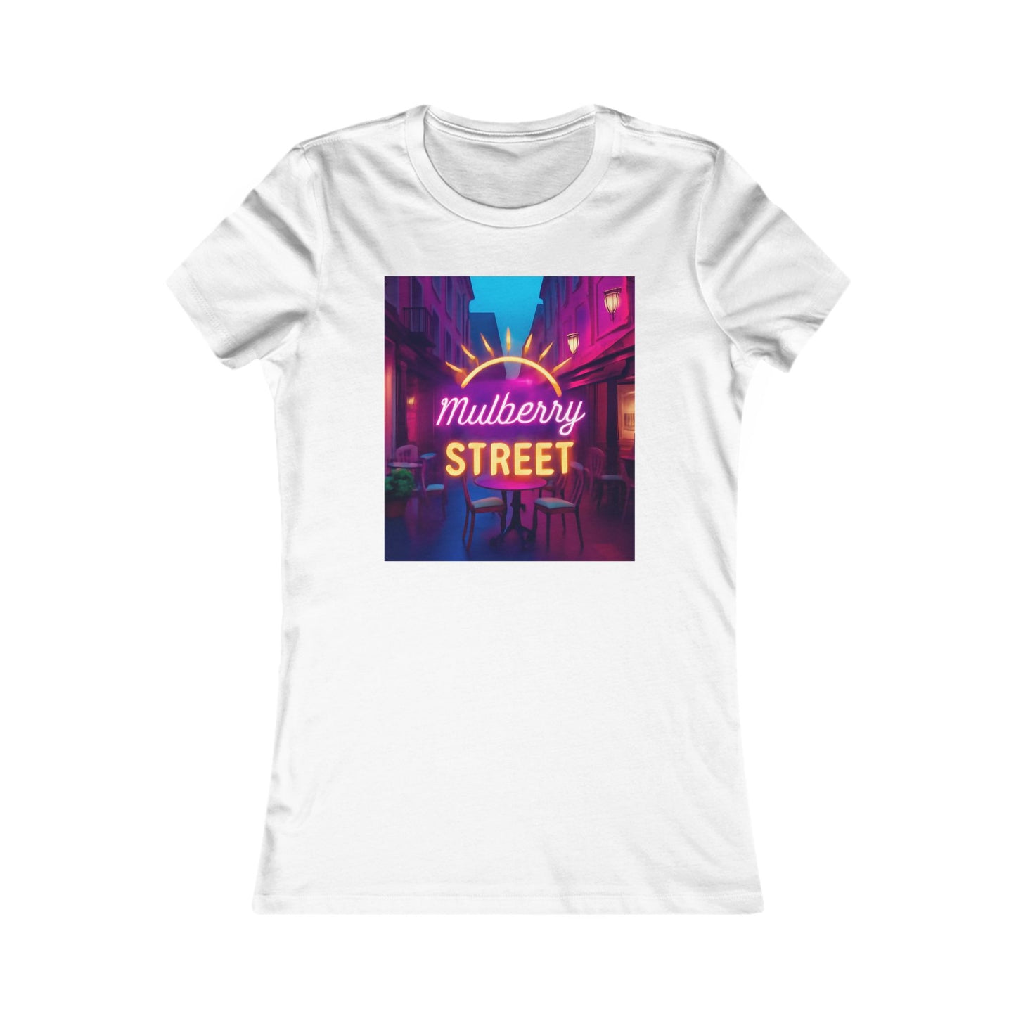 Mulberry Street Women's Tee — Retro Neon Café Graphic Shirt