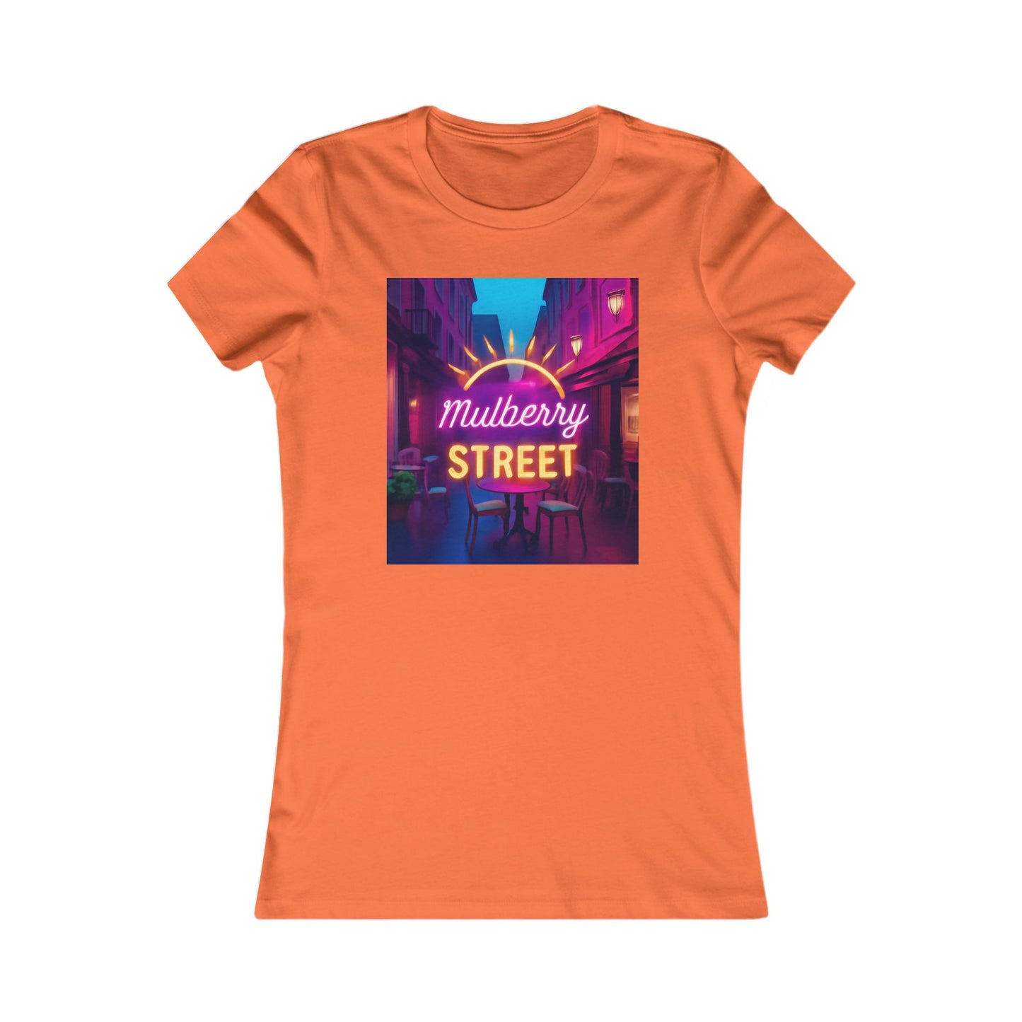 Mulberry Street Women's Tee — Retro Neon Café Graphic Shirt