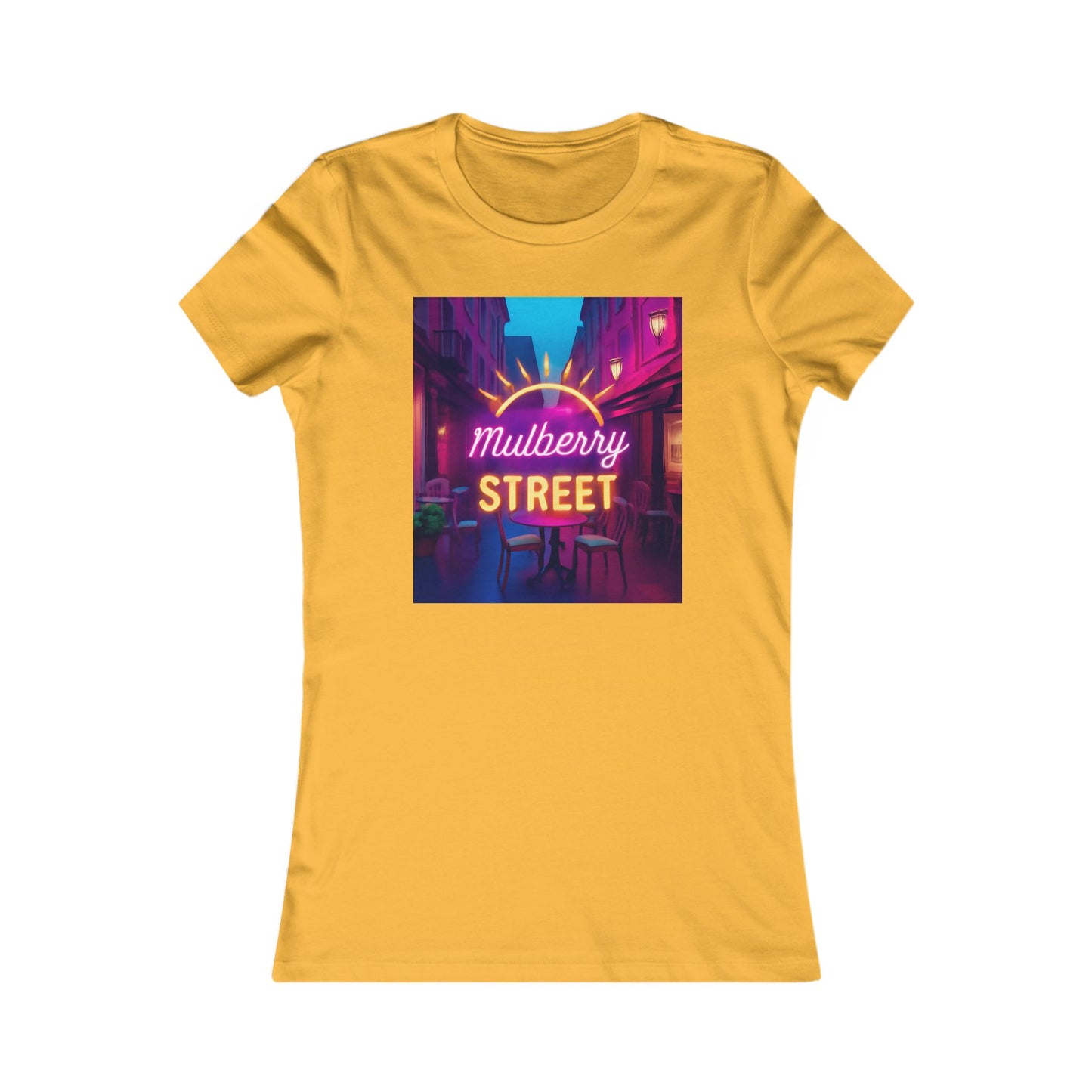 Mulberry Street Women's Tee — Retro Neon Café Graphic Shirt