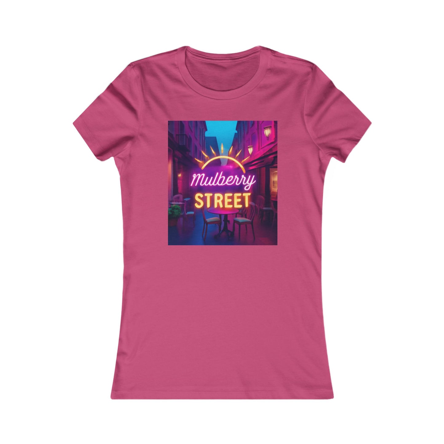 Mulberry Street Women's Tee — Retro Neon Café Graphic Shirt