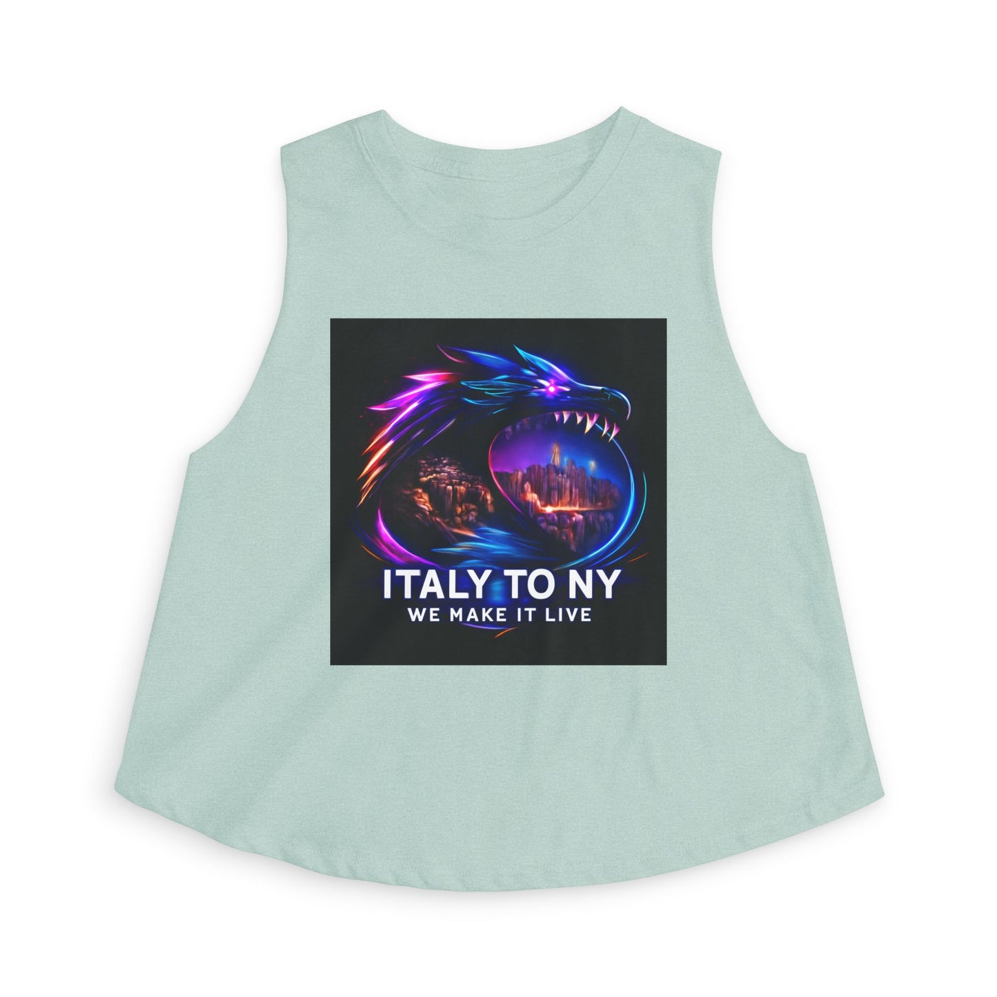 Dragon Logo Crop Top — "Italy to NY We Make It Live" Neon Graphic