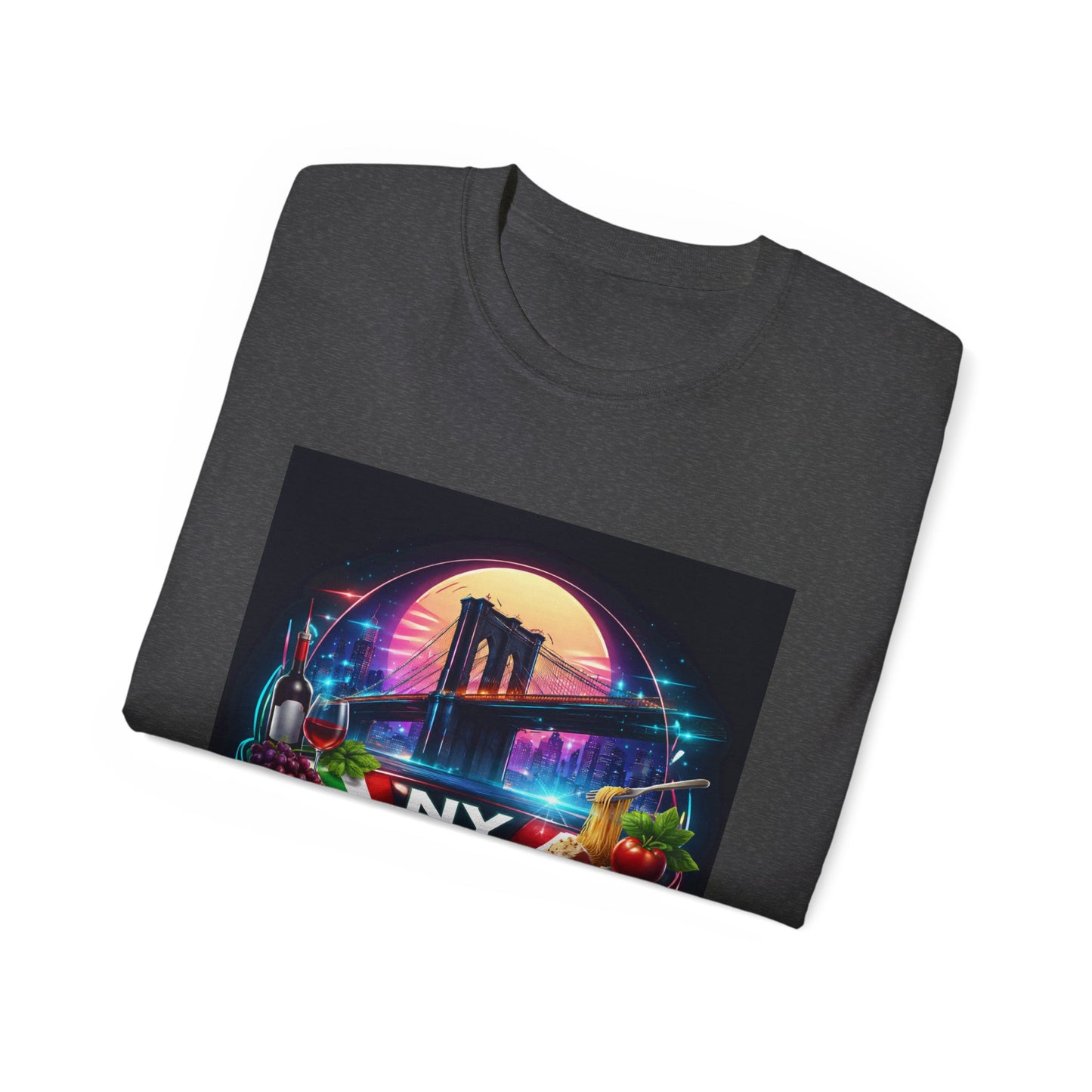 NY Italian Culture T‑Shirt — Retro Neon Brooklyn Bridge Graphic