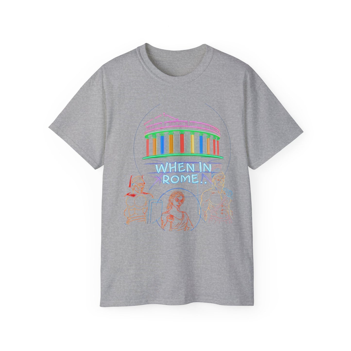 When in Rome Neon Graphic Tee - Roman Gladiator & Colosseum Vintage Style