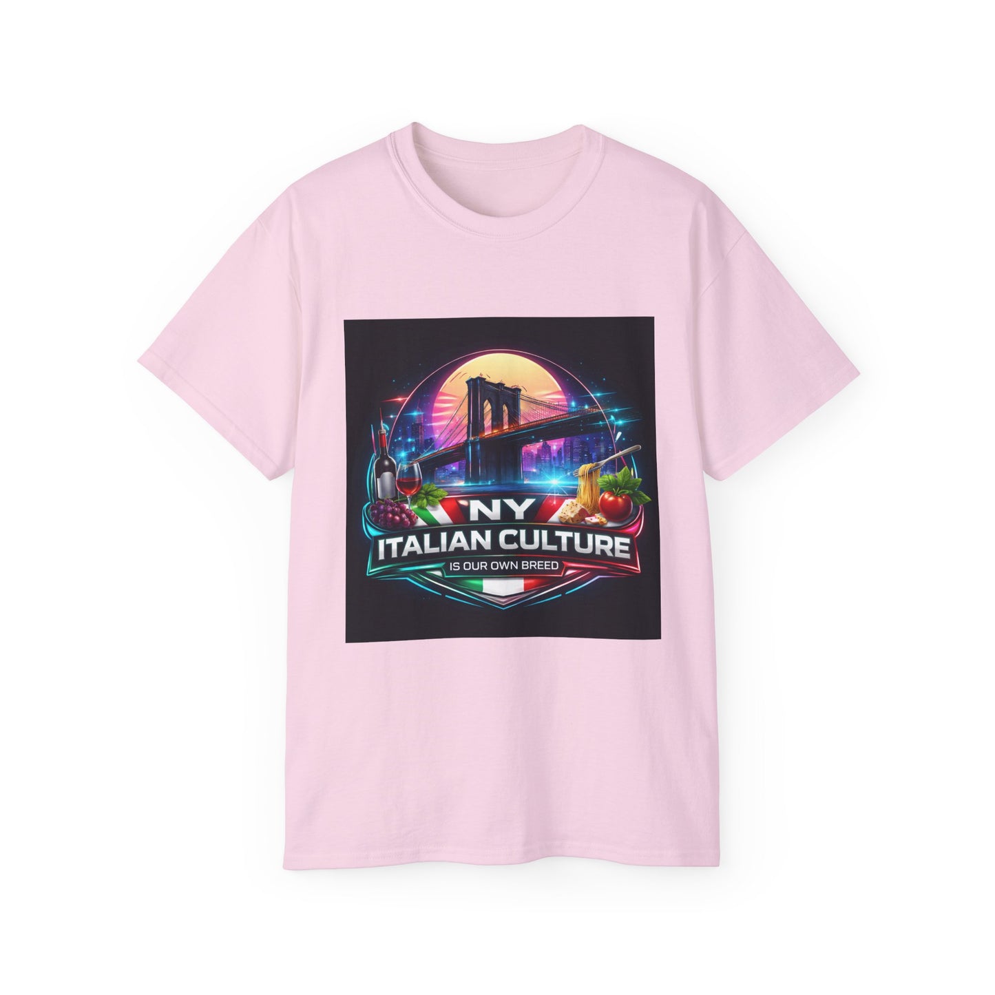 NY Italian Culture T‑Shirt — Retro Neon Brooklyn Bridge Graphic