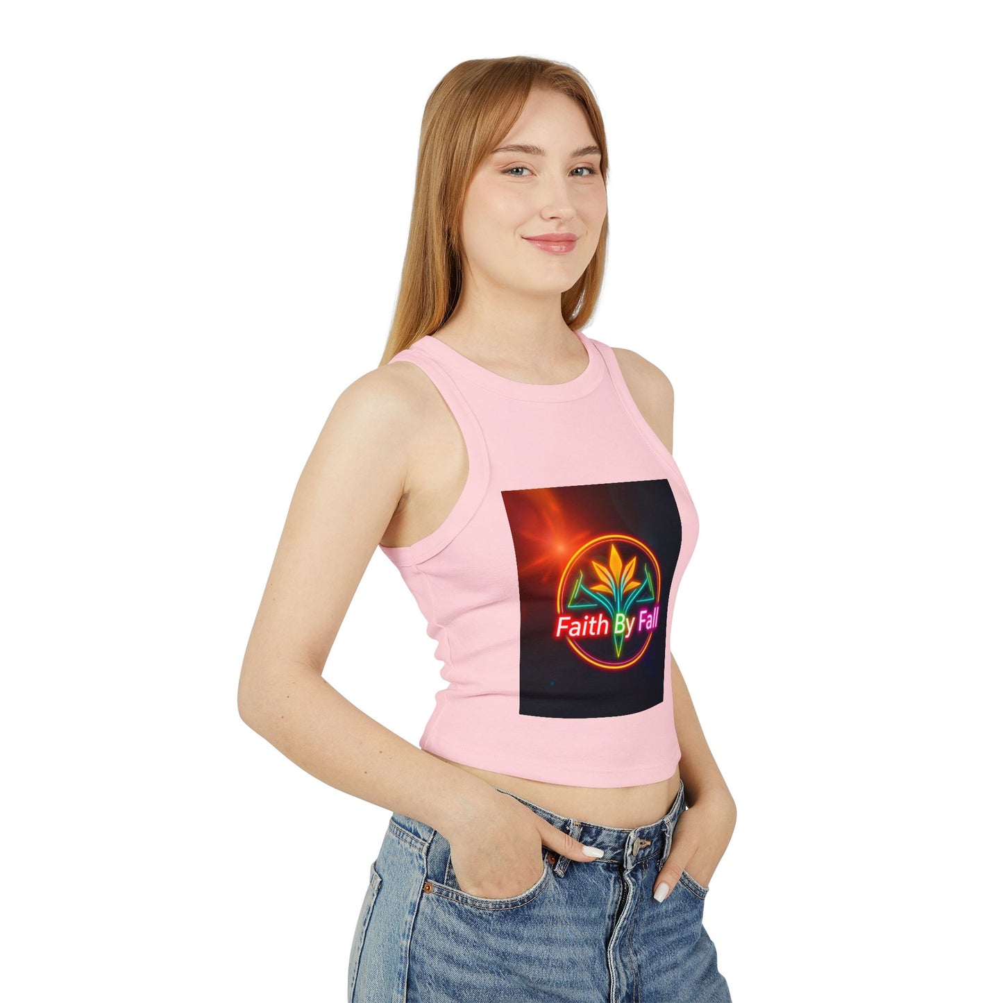 Women's Faith By Fall Racer Tank Top | Crop Top for Summer, Casual Wear, Festival Fashion, Gift for Her, Inspirational Apparel