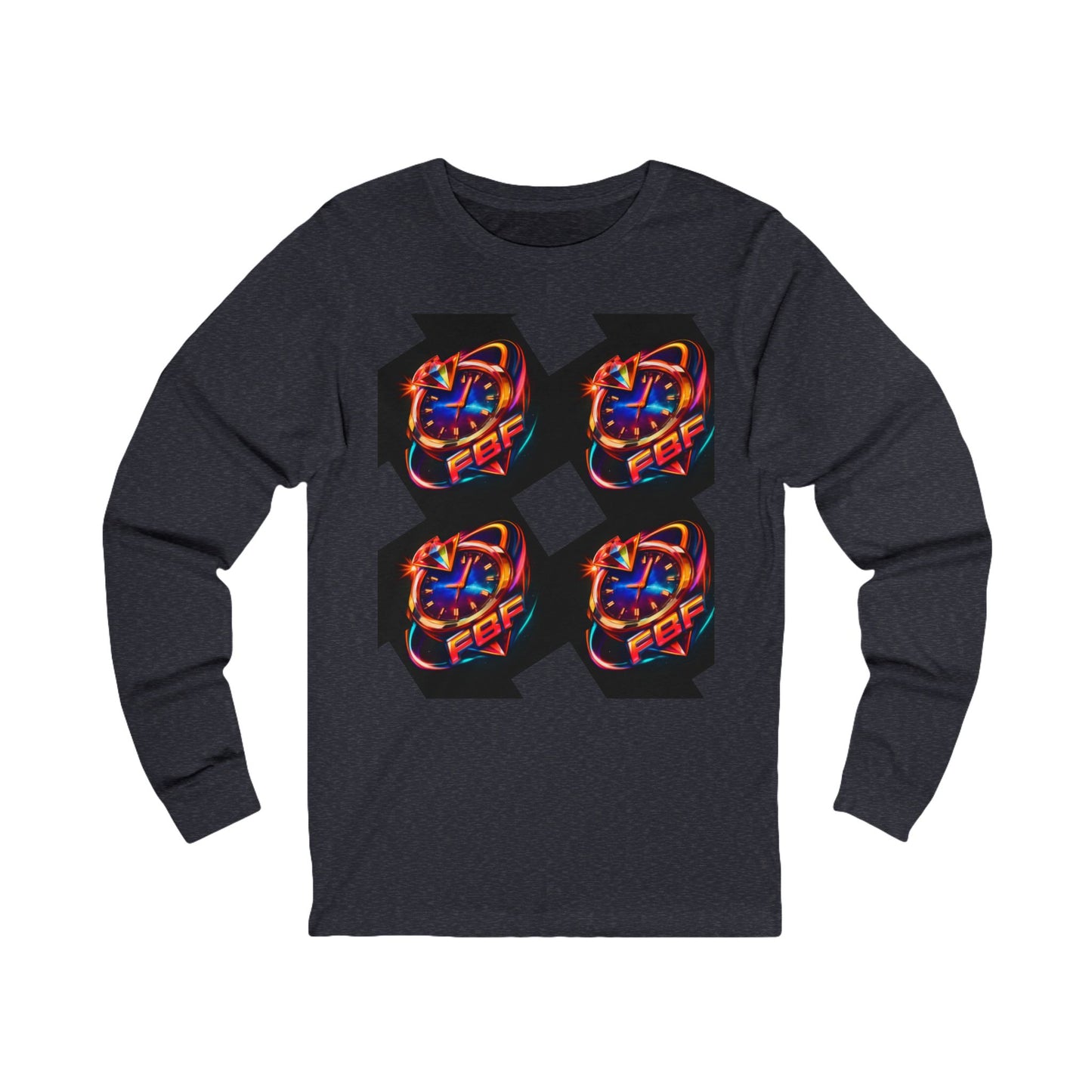 FBF Neon Clock Long Sleeve Tee — Retro Futuristic Timepiece Graphic Shirt
