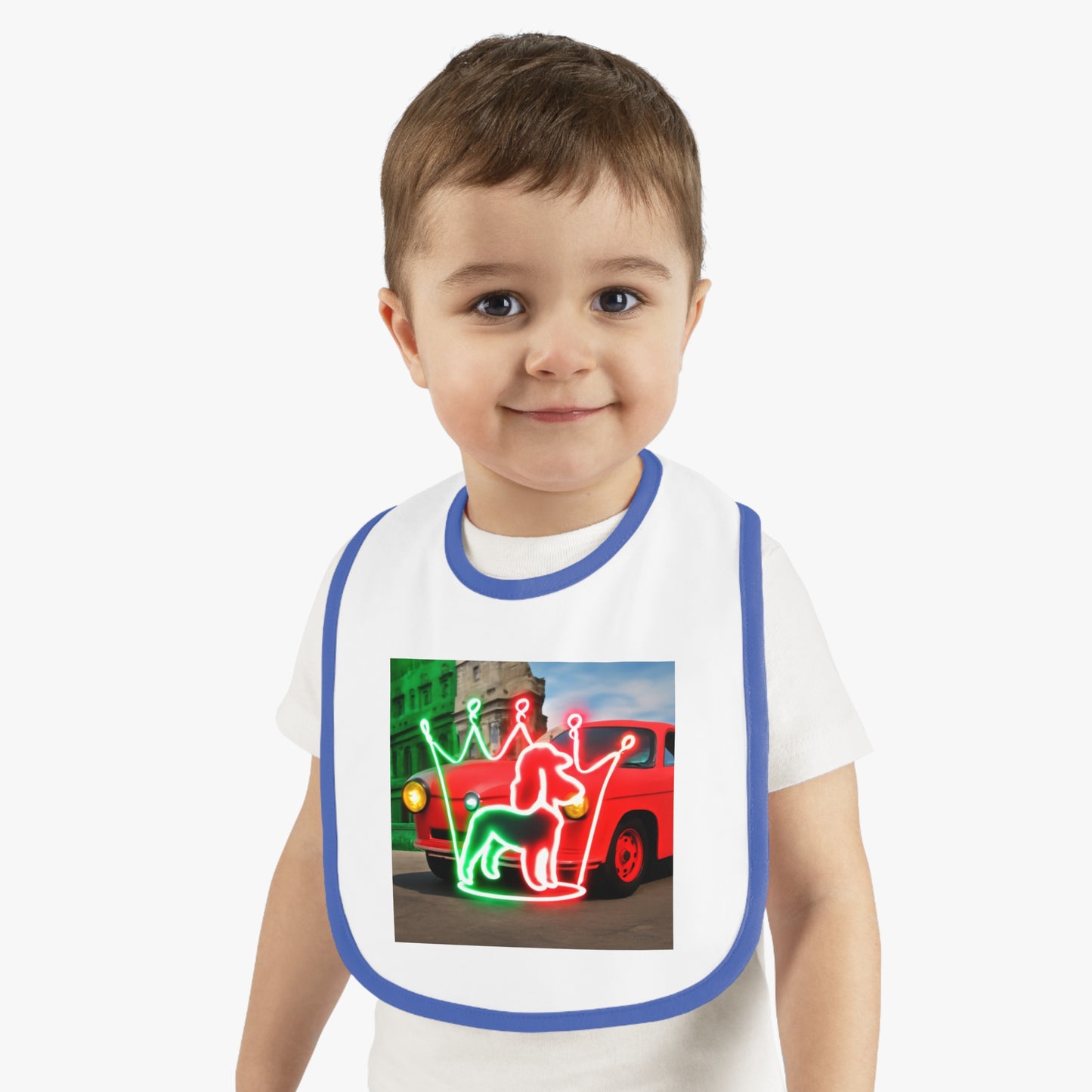Cute Baby Bib with Neon Dog and Crown Design, Fun Baby Shower Gift, Festive Feeding Bib, Adorable Toddler Accessory, Baby Feeding Essentials