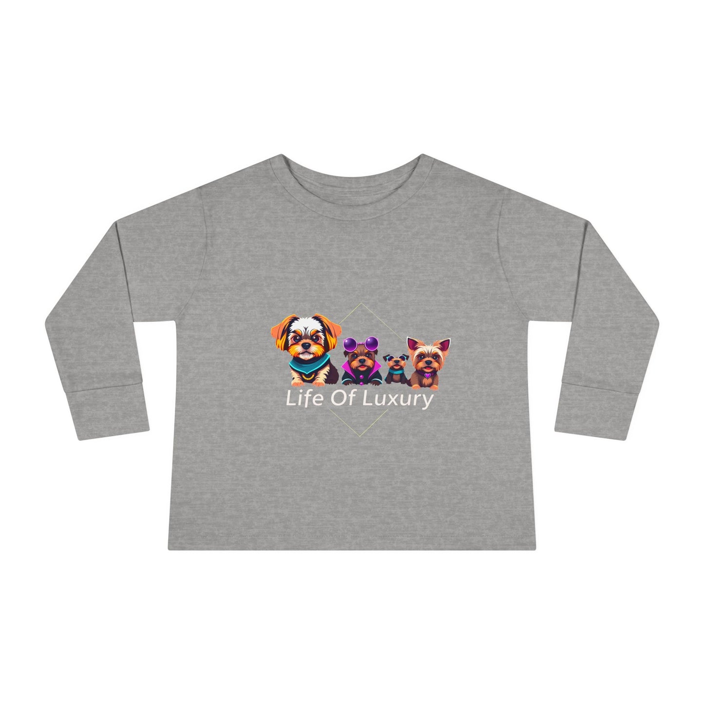 Colorful Toddler Long Sleeve Tee with Fun Dog Design, Life Of Luxury, Cute Pet Shirt, Perfect for Parties, Birthdays, Gift Idea