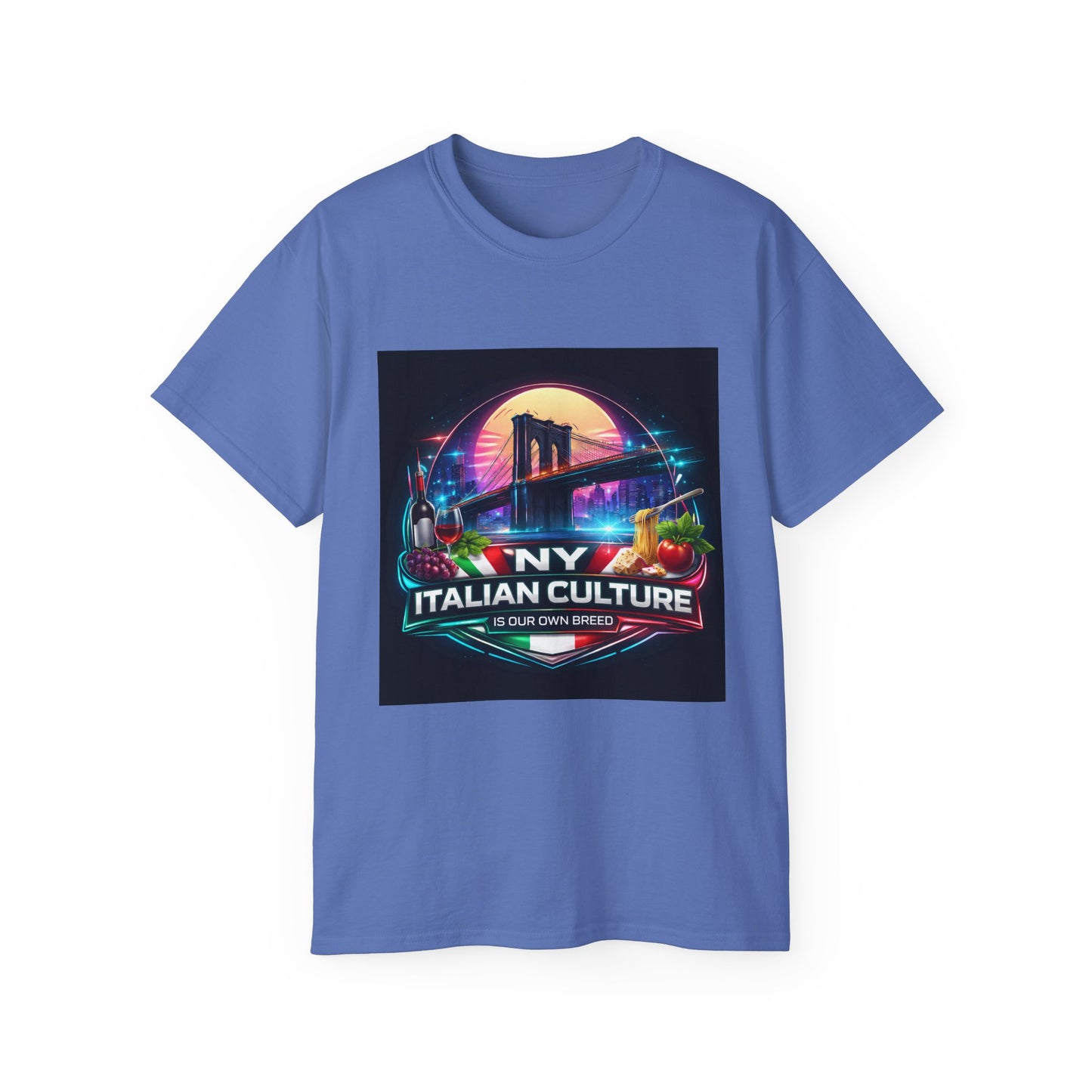 NY Italian Culture T‑Shirt — Retro Neon Brooklyn Bridge Graphic