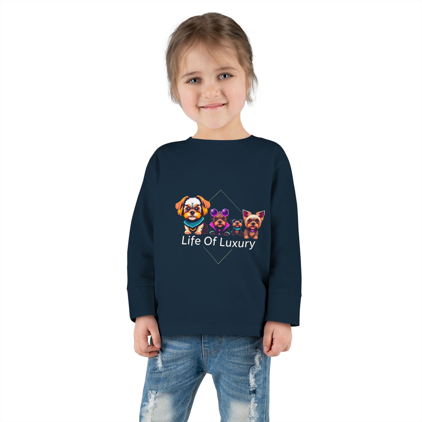 Colorful Toddler Long Sleeve Tee with Fun Dog Design, Life Of Luxury, Cute Pet Shirt, Perfect for Parties, Birthdays, Gift Idea