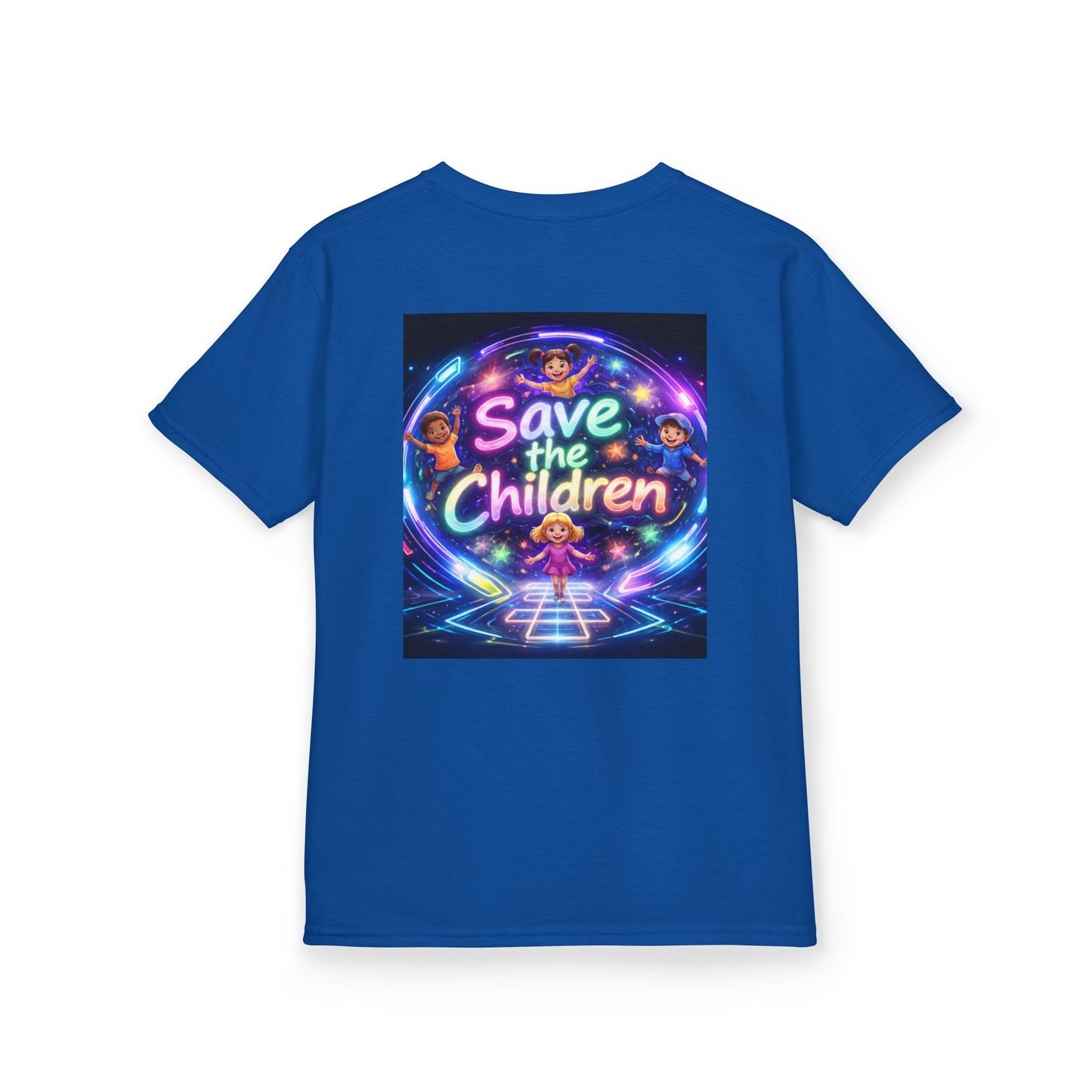 Kids Tee — 'Save the Children' Neon Rainbow Charity Design