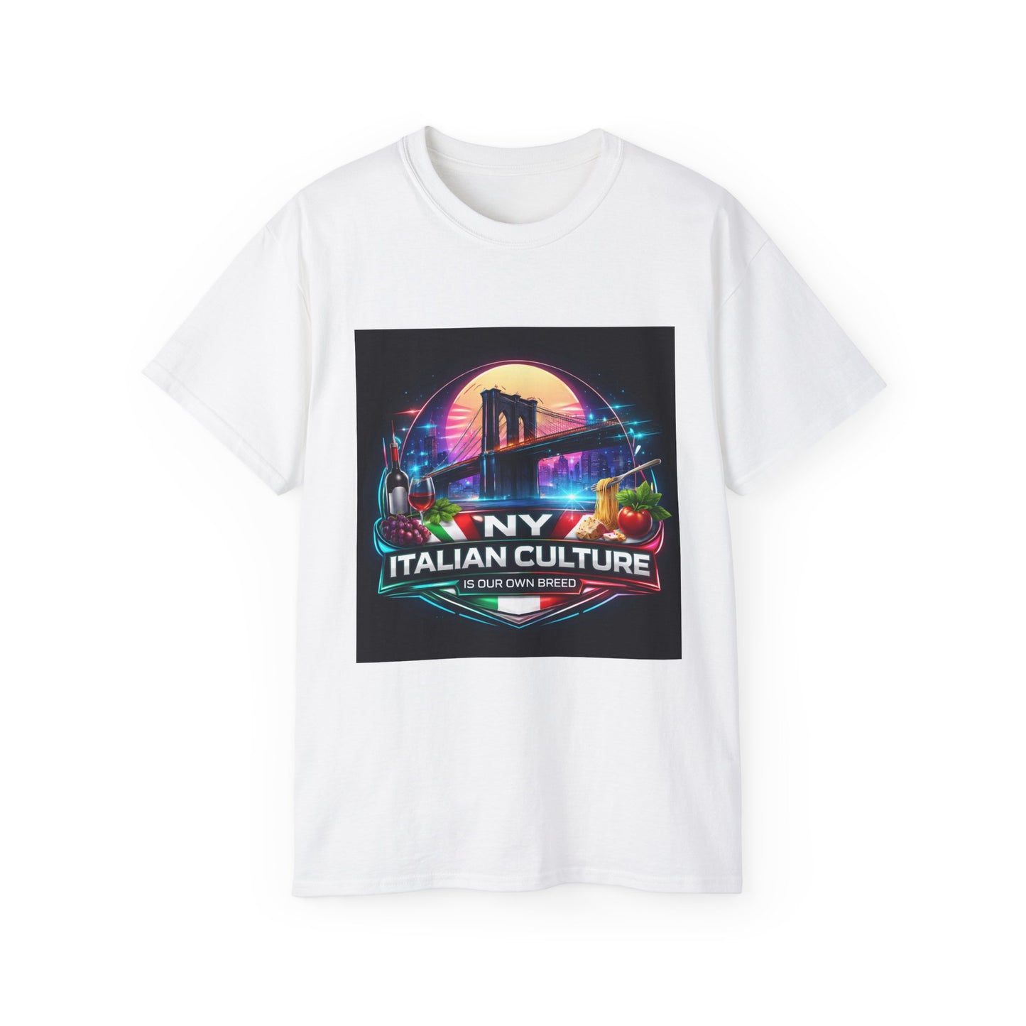 NY Italian Culture T‑Shirt — Retro Neon Brooklyn Bridge Graphic