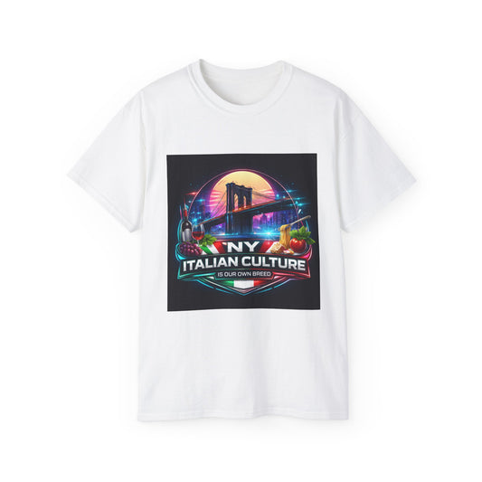 NY Italian Culture T‑Shirt — Retro Neon Brooklyn Bridge Graphic