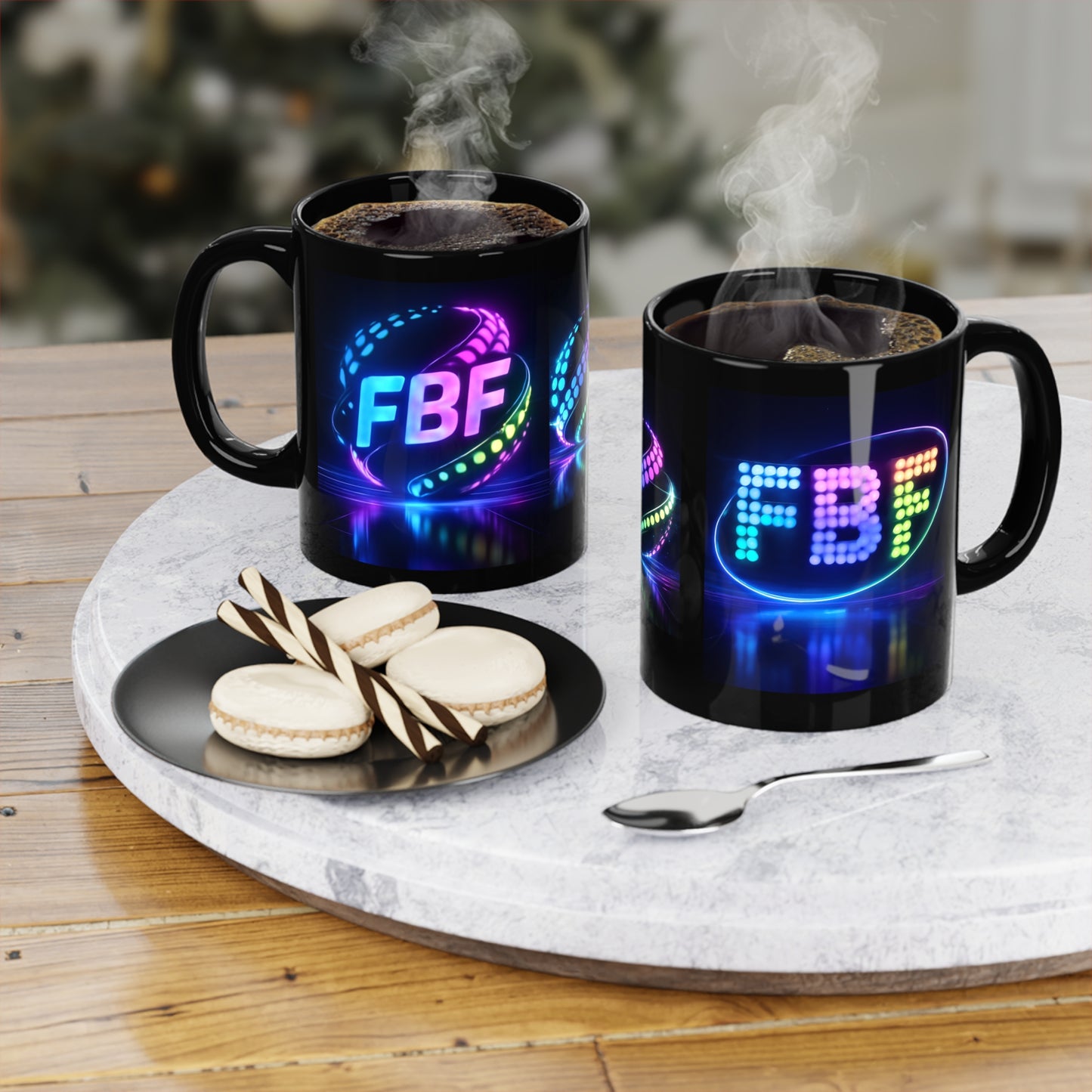 Black 11oz Mug — Neon "FBF" Retro Disco Coffee Cup